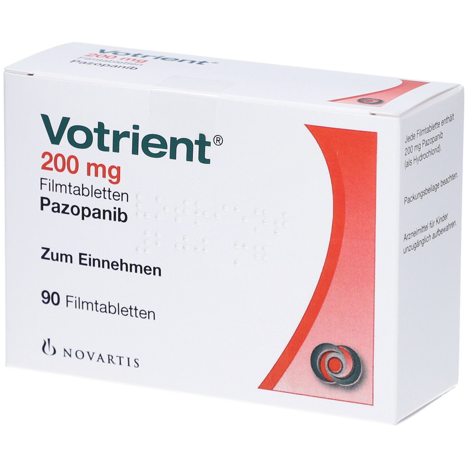 Votrient 200 mg Filmtabletten-Packung. Weiße Schachtel mit rotem Design. Enthält 90 Filmtabletten. Novartis-Logo.