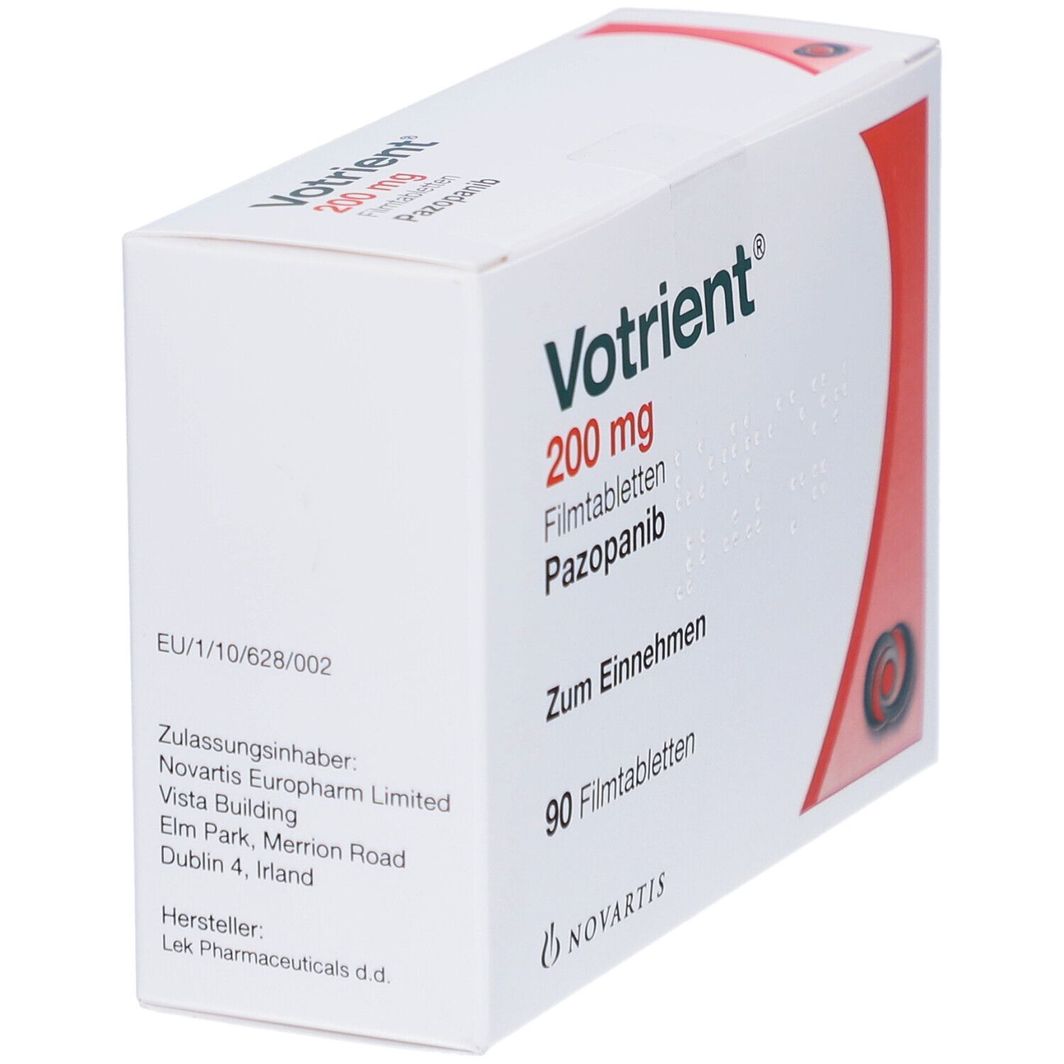 Votrient 200 mg Filmtabletten-Packung. Weiße Schachtel mit rotem Design. Enthält 90 Filmtabletten. Novartis-Logo.