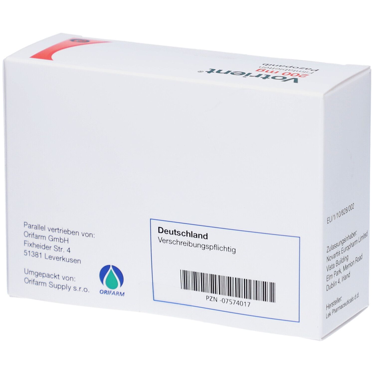 Rückseite der Votrient 200 mg Filmtabletten-Packung. Enthält Informationen wie Hersteller, Vertrieb und Chargennummer.