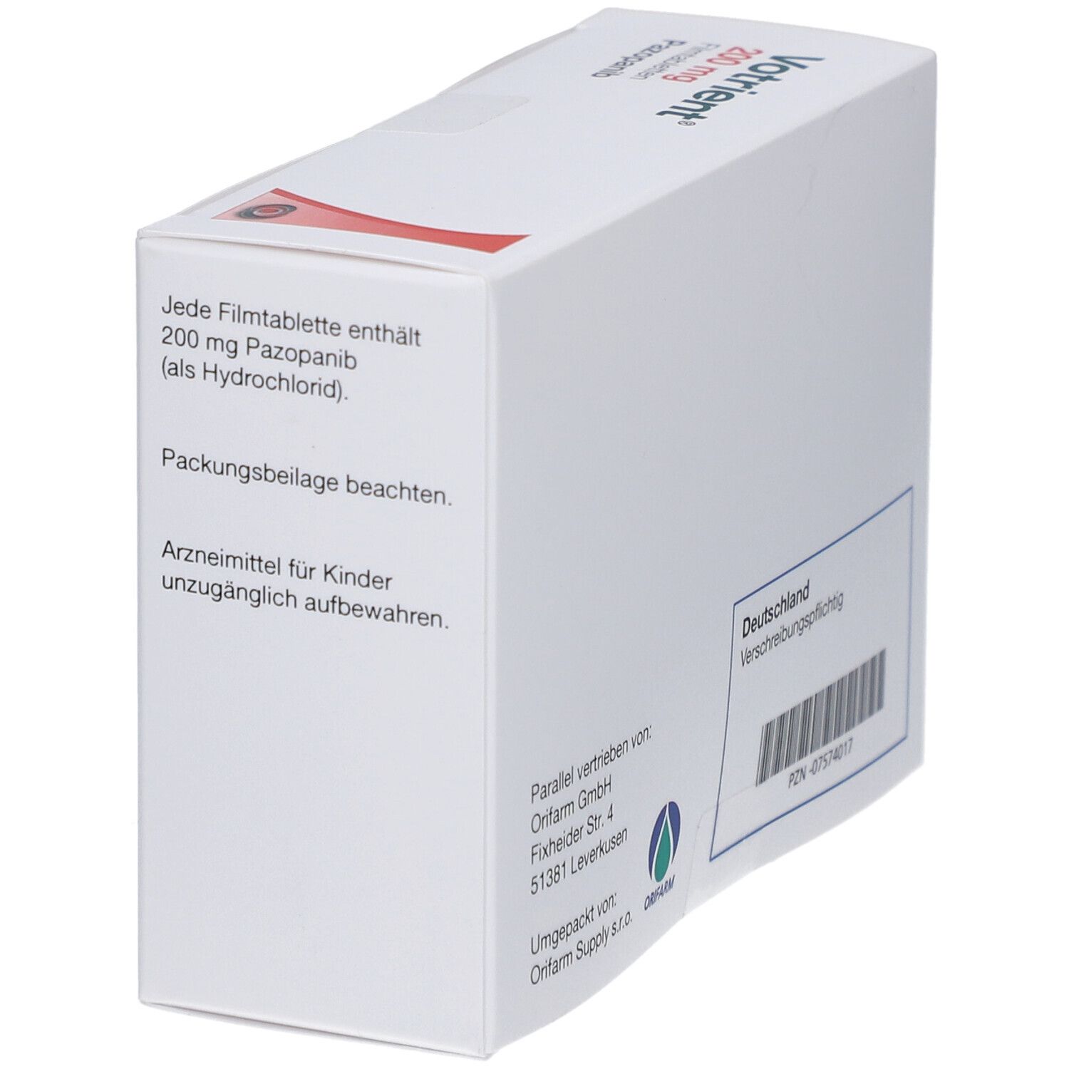 Seite der Votrient 200 mg Filmtabletten-Packung. Enthält Informationen wie Dosierung und Warnhinweise.