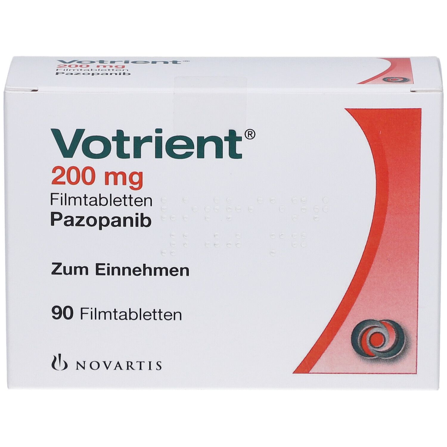 Votrient 200 mg Filmtabletten-Packung. Weiße Schachtel mit rotem Design. Enthält 90 Filmtabletten. Novartis-Logo.