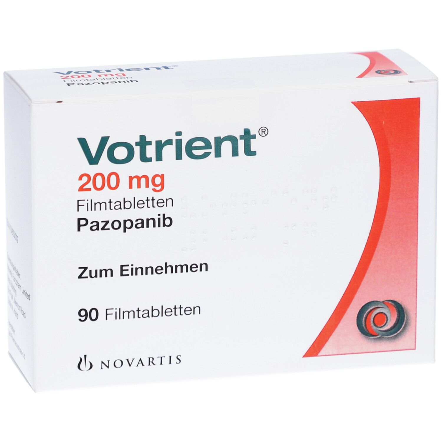 Votrient 200 mg Filmtabletten-Packung. Weiße Schachtel mit rotem Design. Enthält 90 Filmtabletten. Novartis-Logo.