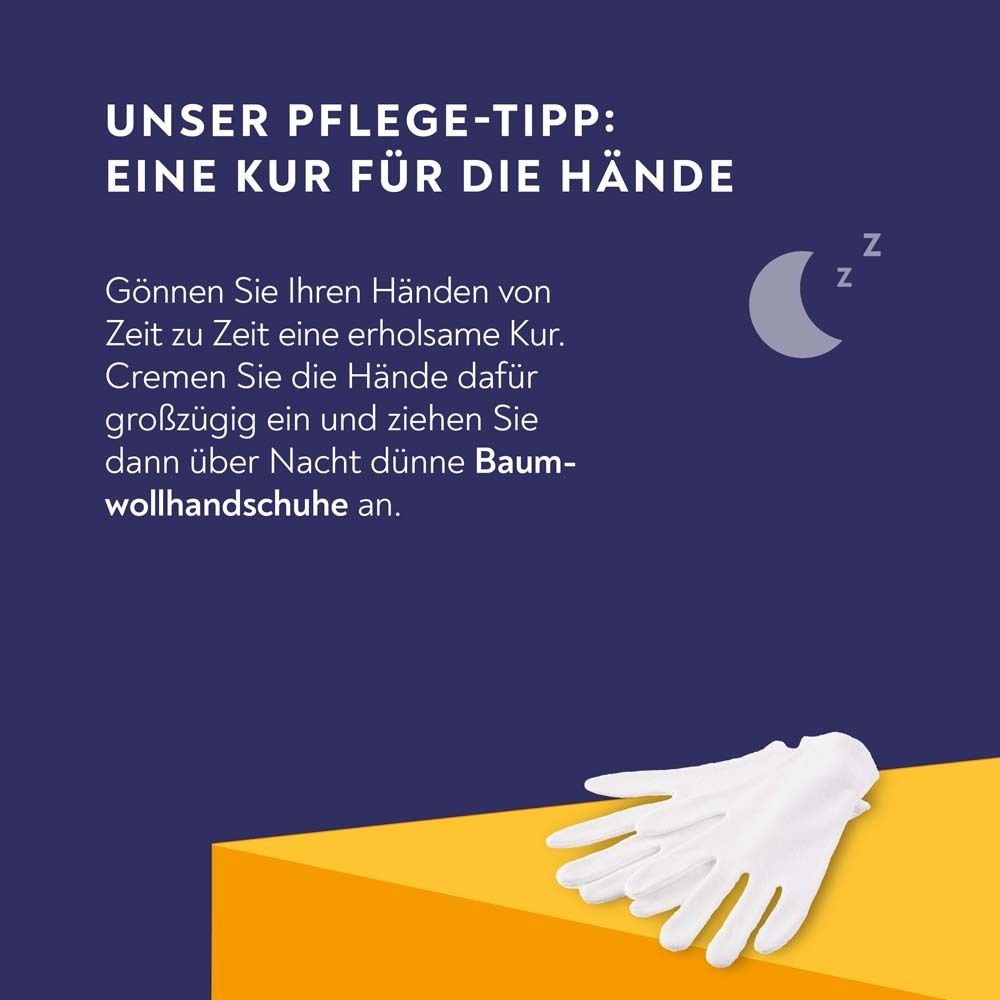 Grafik mit Text: Pflege-Tipp: Eine Kur für die Hände. Abgebildet: weiße Baumwollhandschuhe.