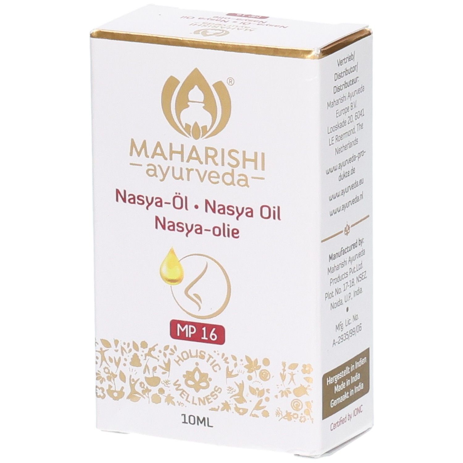 Weiße Produktverpackung mit goldfarbenem Logo und Text. Beschriftung: Nasya-Öl, 10ml. Mit MP 16 und einem Nasen-Symbol.