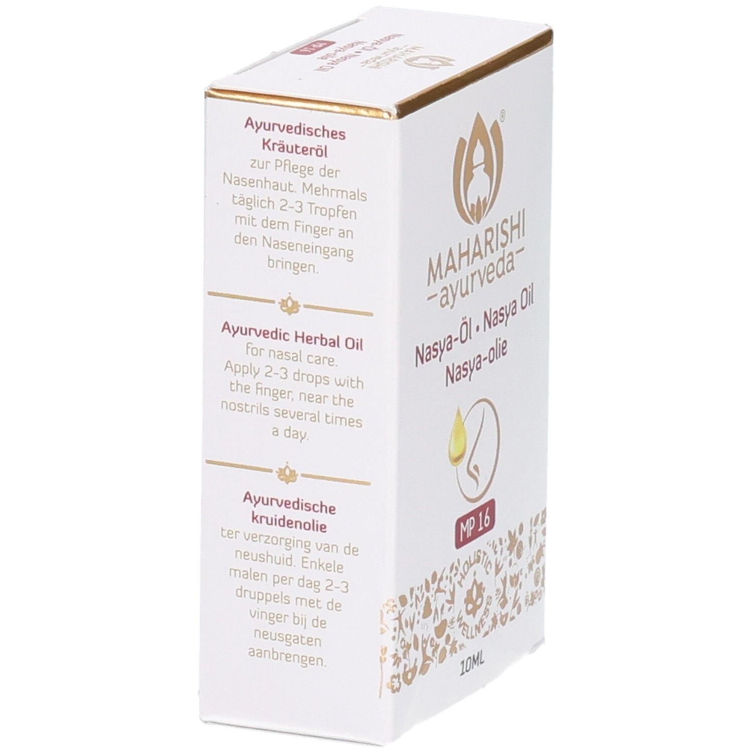 Produktverpackung, weiß mit goldfarbenen Akzenten. Text in Deutsch, Englisch und Niederländisch. Beschriftung: Nasya-Öl, MP 16.
