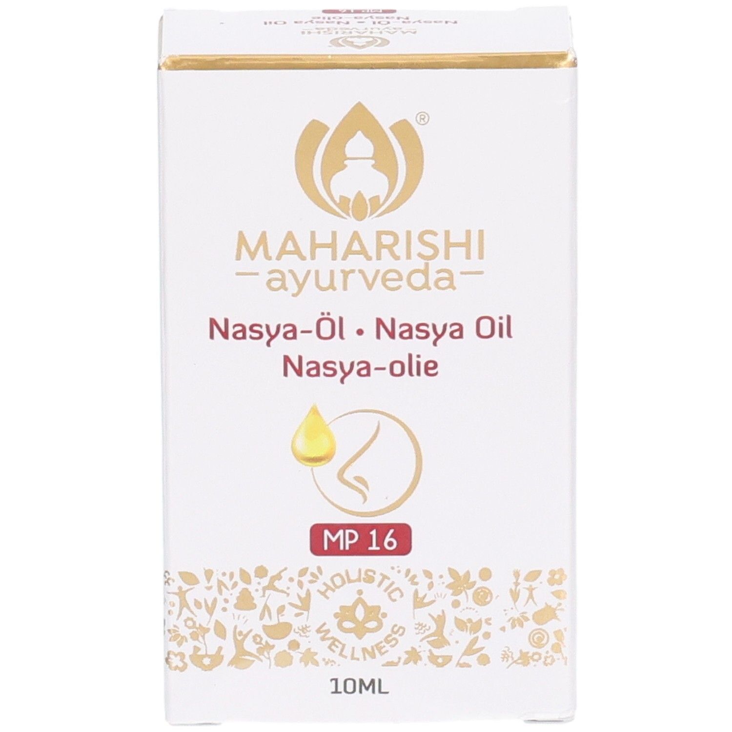Weiße Produktverpackung mit goldfarbenem Logo und Text. Beschriftung: Nasya-Öl, 10ml. Mit MP 16 und einem Nasen-Symbol.