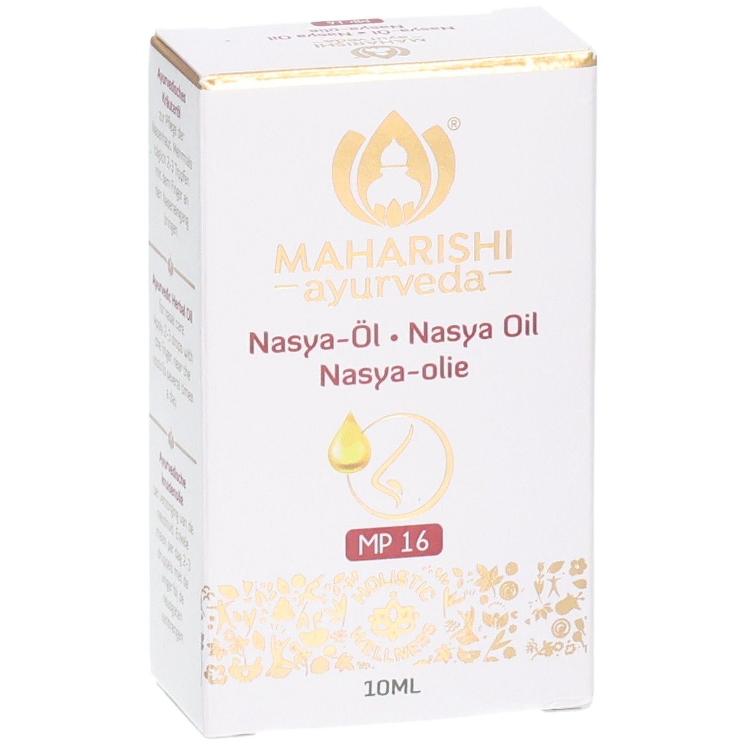 Produktverpackung, weiß mit goldfarbenen Akzenten. Beschriftung: Nasya-Öl, MP 16, 10ml. Schrägansicht.