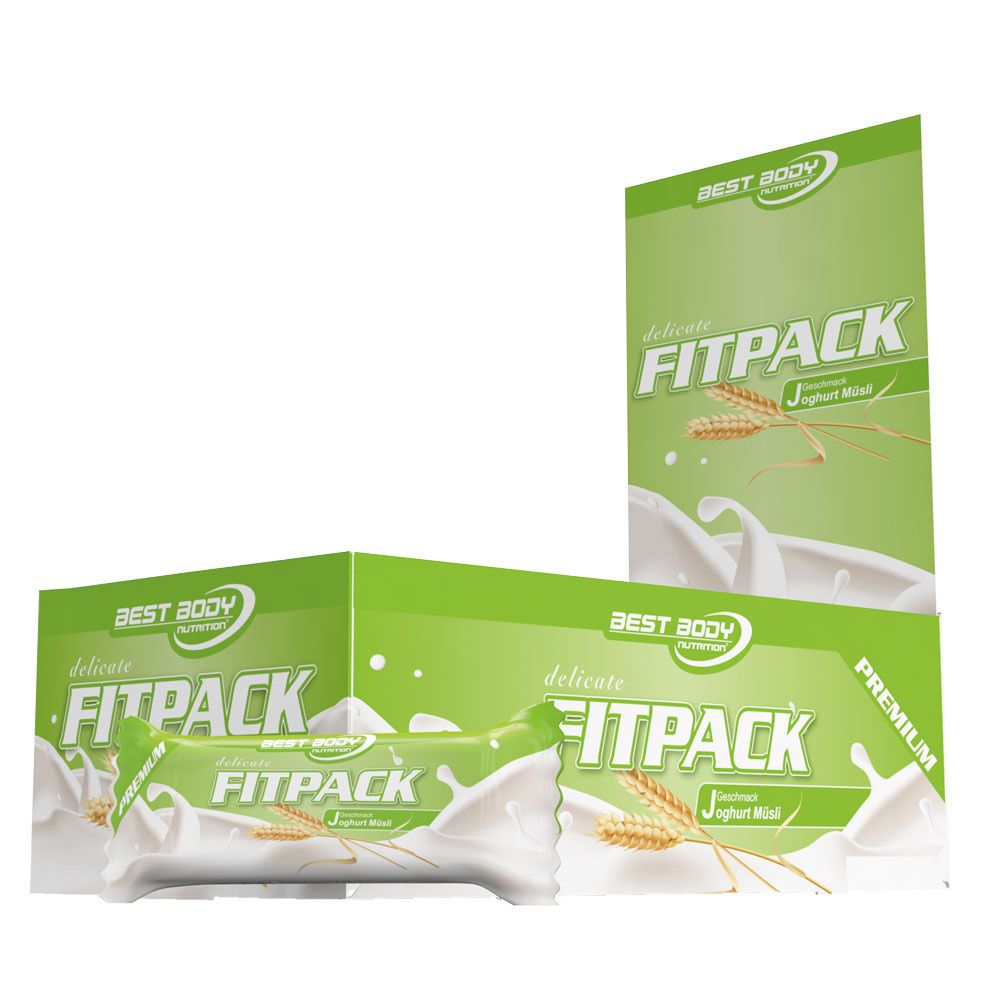 Fitpack-Riegel und Verpackungen. Grün-weißes Design mit Schriftzug "FITPACK" und "Joghurt Müsl". Best Body Nutrition Logo.
