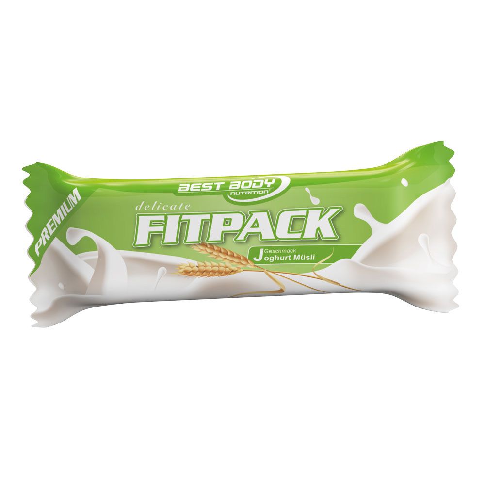 Einzelne Fitpack-Riegel. Grün-weißes Design mit Schriftzug "FITPACK" und "Joghurt Müsl". Best Body Nutrition Logo.