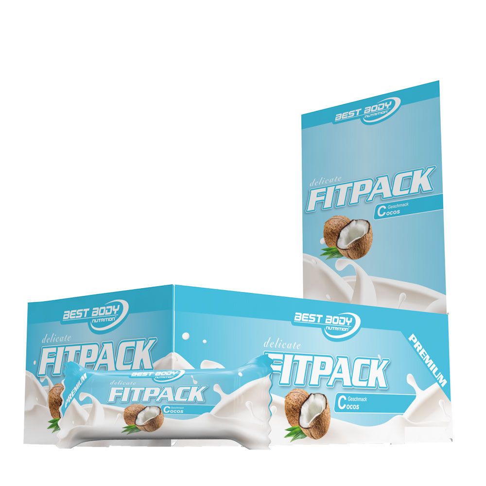 Barre Fitpack à la noix de coco. Emballage bleu avec inscription "FITPACK" et "Kokosnuss". Logo Best Body Nutrition.
