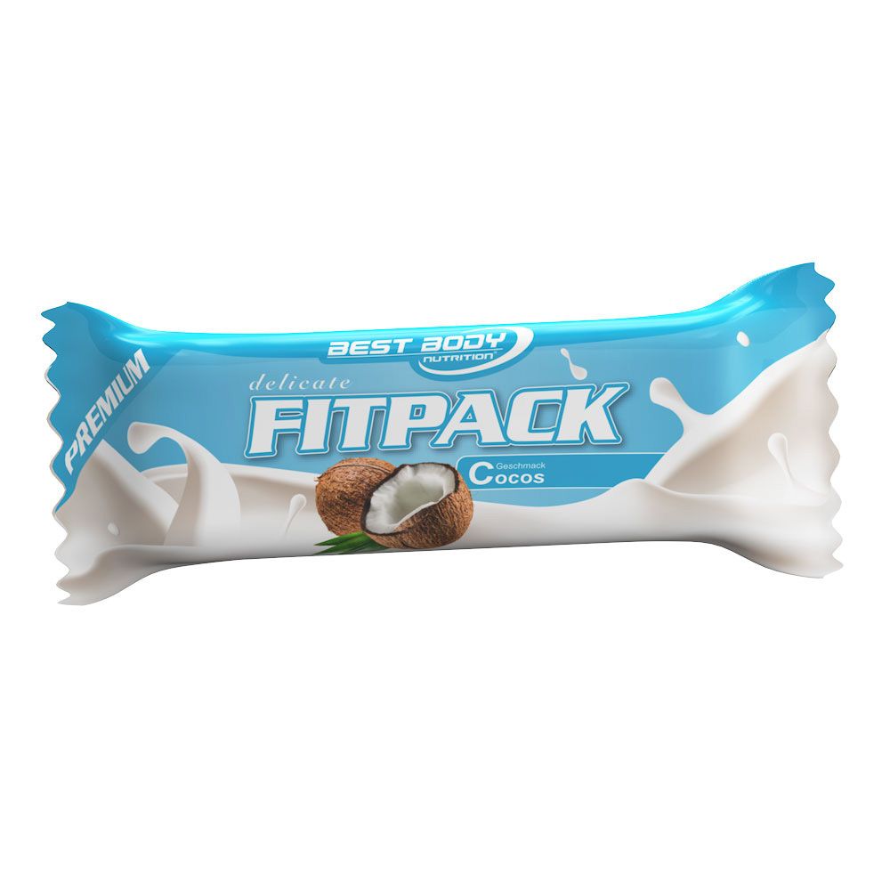 Barre Fitpack individuelle, noix de coco. Emballage bleu avec "FITPACK" et image de noix de coco. Logo Best Body Nutrition.