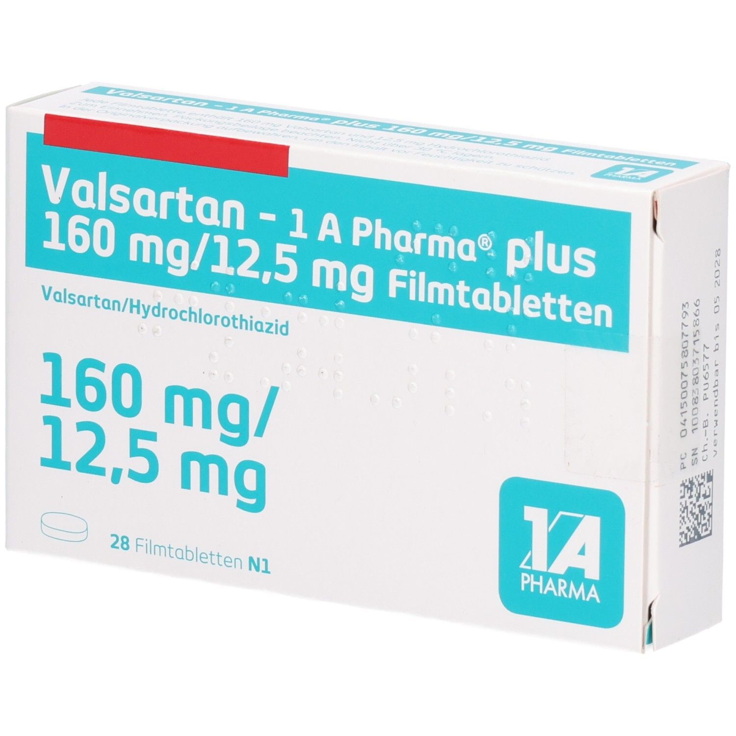 Schachtel mit Valsartan - 1 A Pharma plus 160 mg/12,5 mg Filmtabletten. Aufschrift: 160 mg/12,5 mg, 28 Filmtabletten N1. Logo 1A Pharma.