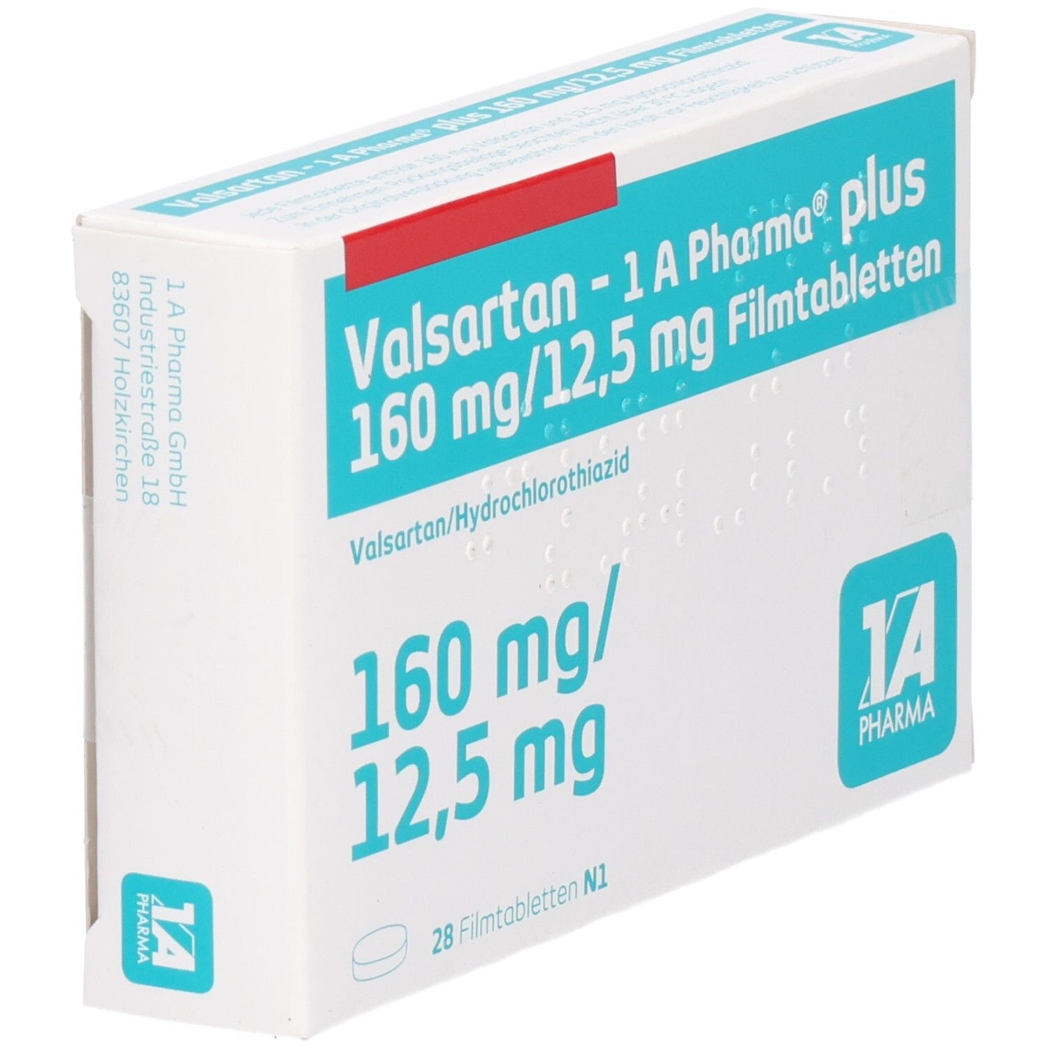 Schachtel mit Valsartan - 1 A Pharma plus 160 mg/12,5 mg Filmtabletten. Aufschrift: 160 mg/12,5 mg, 28 Filmtabletten N1. Logo 1A Pharma. Perspektivische Ansicht.