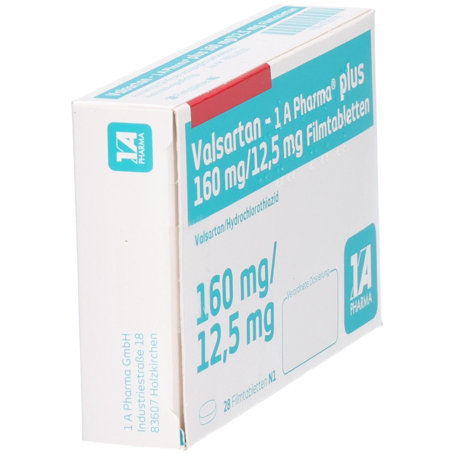 Schachtel mit Valsartan - 1 A Pharma plus 160 mg/12,5 mg Filmtabletten. Aufschrift: 160 mg/12,5 mg, 28 Filmtabletten N1. Logo 1A Pharma. Schräge Ansicht.