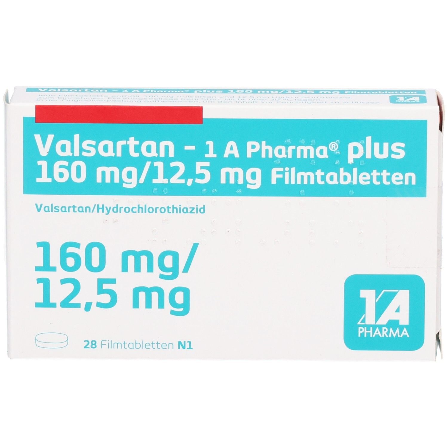 Schachtel mit Valsartan - 1 A Pharma plus 160 mg/12,5 mg Filmtabletten. Aufschrift: 160 mg/12,5 mg, 28 Filmtabletten N1. Logo 1A Pharma. Draufsicht.