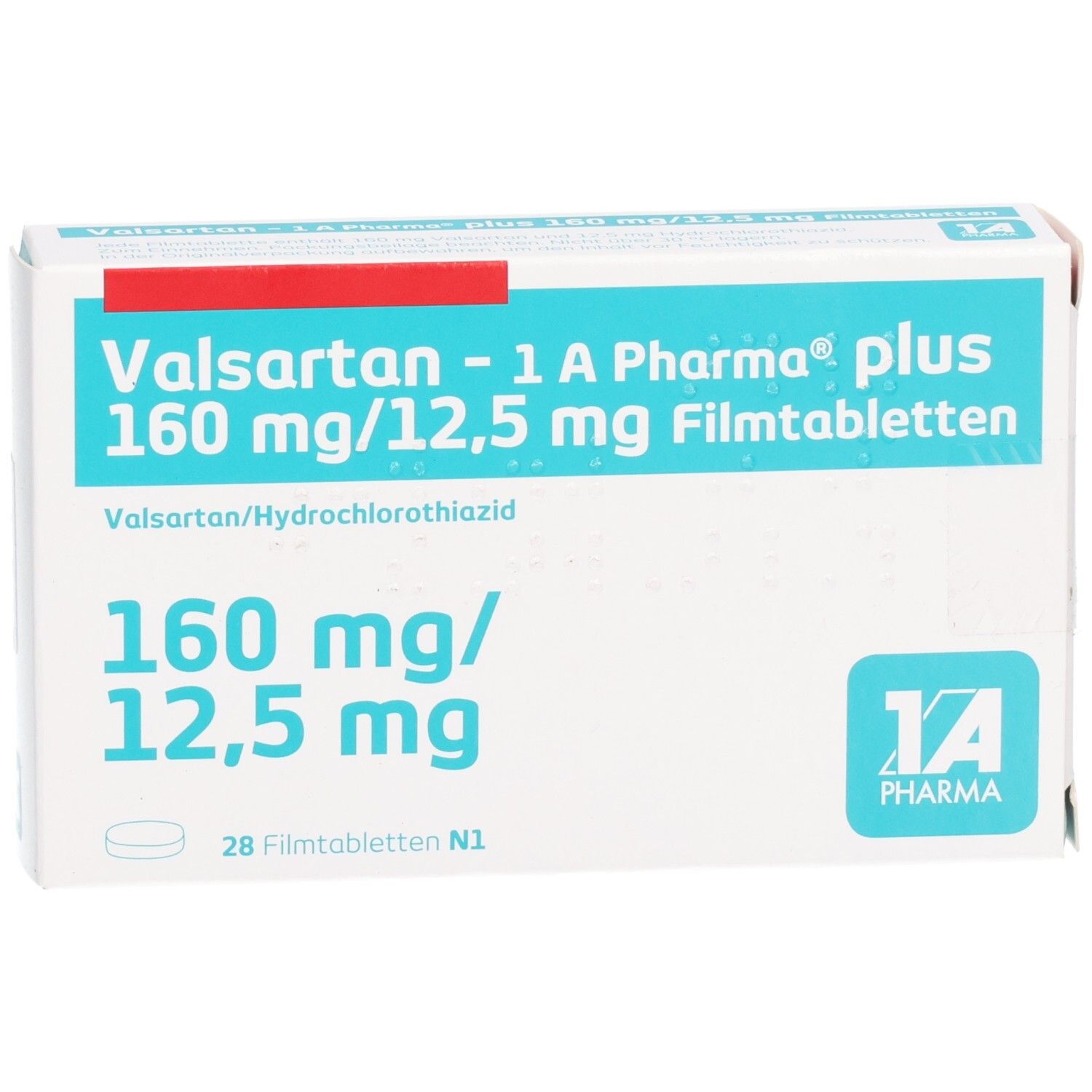 Schachtel mit Valsartan - 1 A Pharma plus 160 mg/12,5 mg Filmtabletten. Aufschrift: 160 mg/12,5 mg, 28 Filmtabletten N1. Logo 1A Pharma. Nahaufnahme.