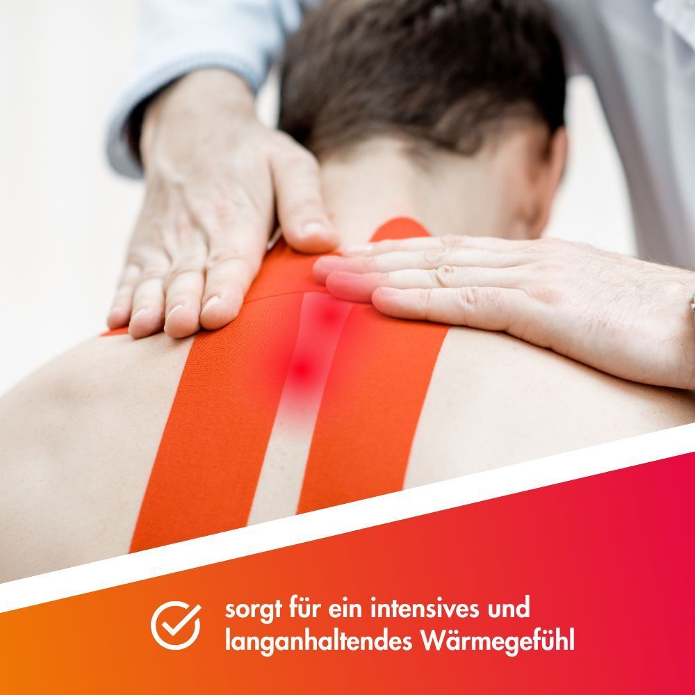 Rücken eines Mannes mit rotem Kinesio-Tape und Händen eines Therapeuten. Rotes Glühen zeigt Wärme.