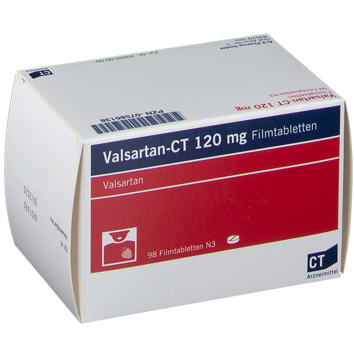Schachtel mit VALSARTAN-CT 120 mg Filmtabletten. Weiß, rot und blau. Text: Valsartan-CT 120 mg Filmtabletten, 98 Filmtabletten N3.