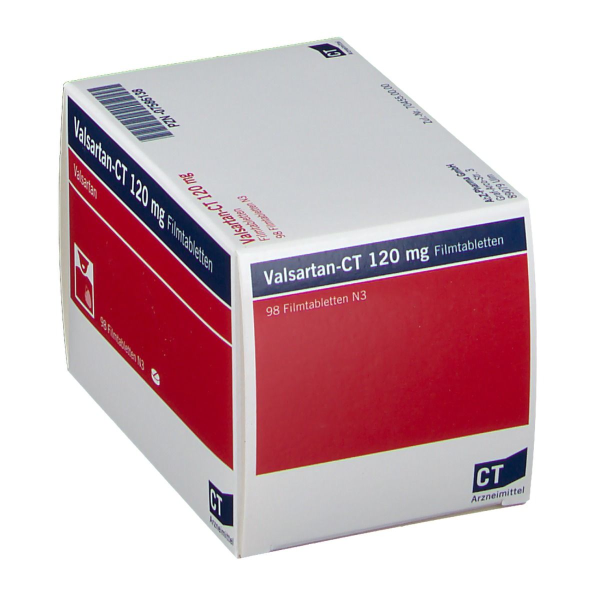 Schachtel mit VALSARTAN-CT 120 mg Filmtabletten. Weiß, rot und blau. Text: Valsartan-CT 120 mg Filmtabletten, 98 Filmtabletten N3.