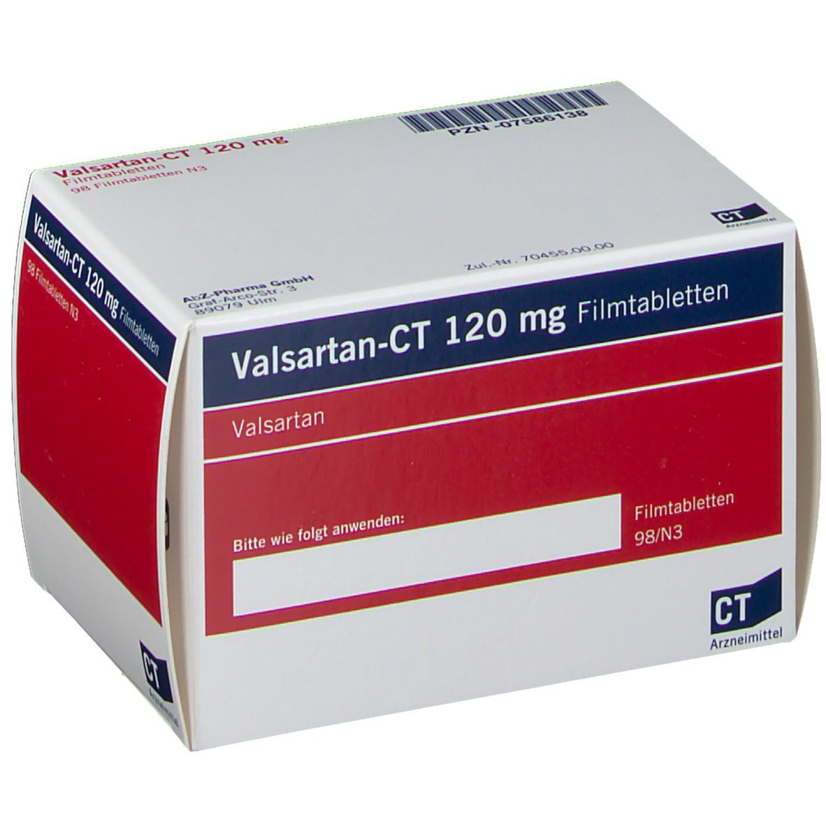 Schachtel mit VALSARTAN-CT 120 mg Filmtabletten. Weiß, rot und blau. Text: Valsartan-CT 120 mg Filmtabletten, 98 Filmtabletten N3.