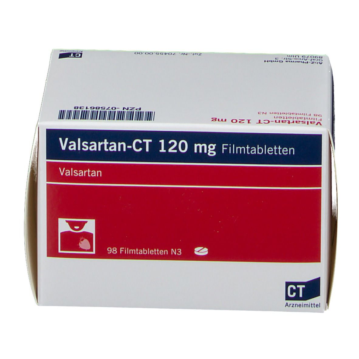 Schachtel mit VALSARTAN-CT 120 mg Filmtabletten. Weiß, rot und blau. Text: Valsartan-CT 120 mg Filmtabletten, 98 Filmtabletten N3.