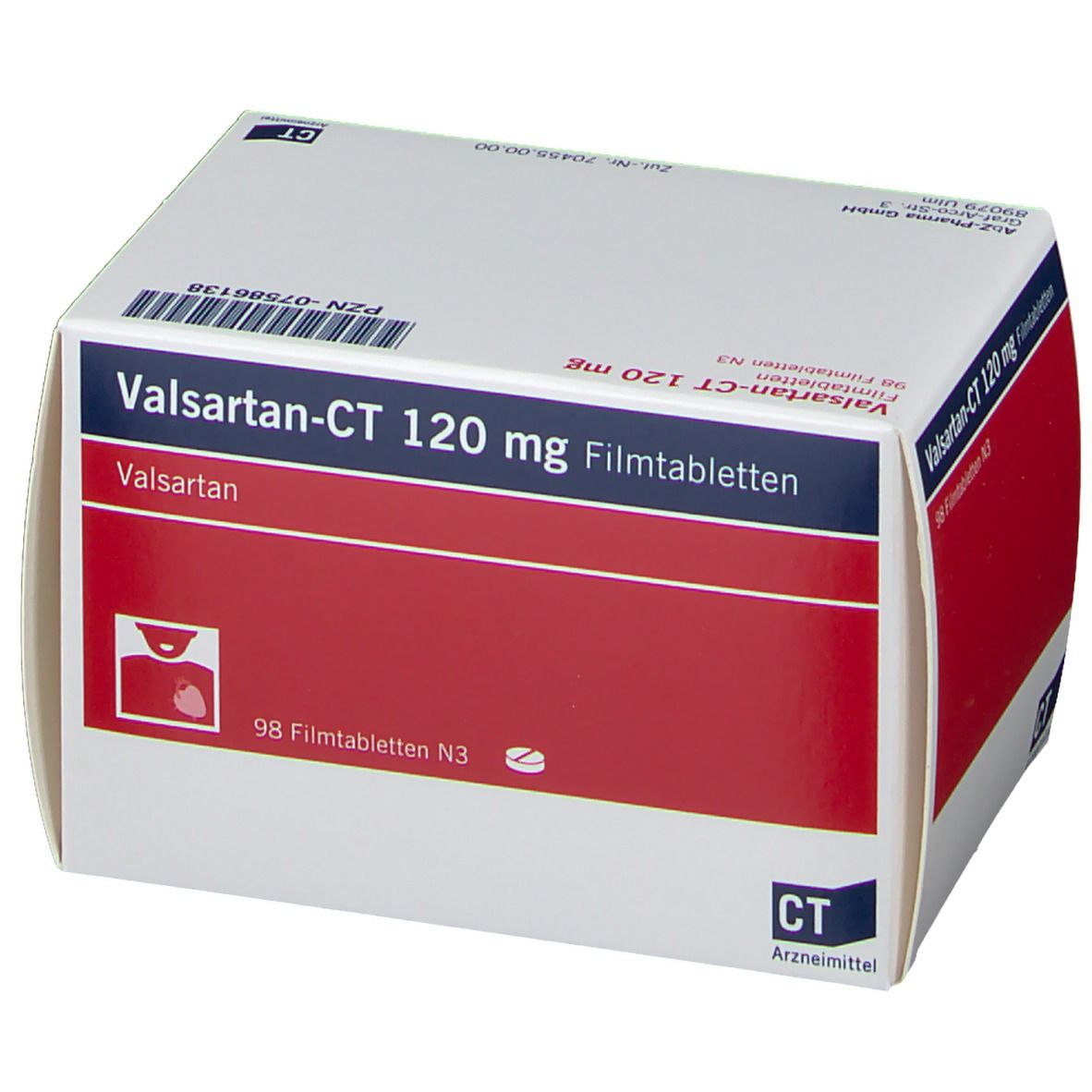 Schachtel mit VALSARTAN-CT 120 mg Filmtabletten. Weiß, rot und blau. Text: Valsartan-CT 120 mg Filmtabletten, 98 Filmtabletten N3.