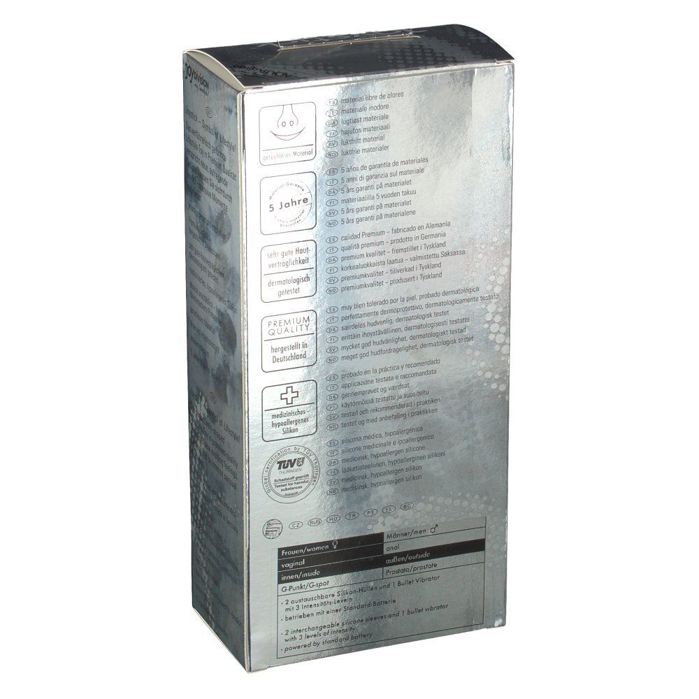 Rückseite der Verpackung mit Text und Logos. Enthält Informationen über das Produkt und Qualitätsmerkmale. TÜV-Logo.