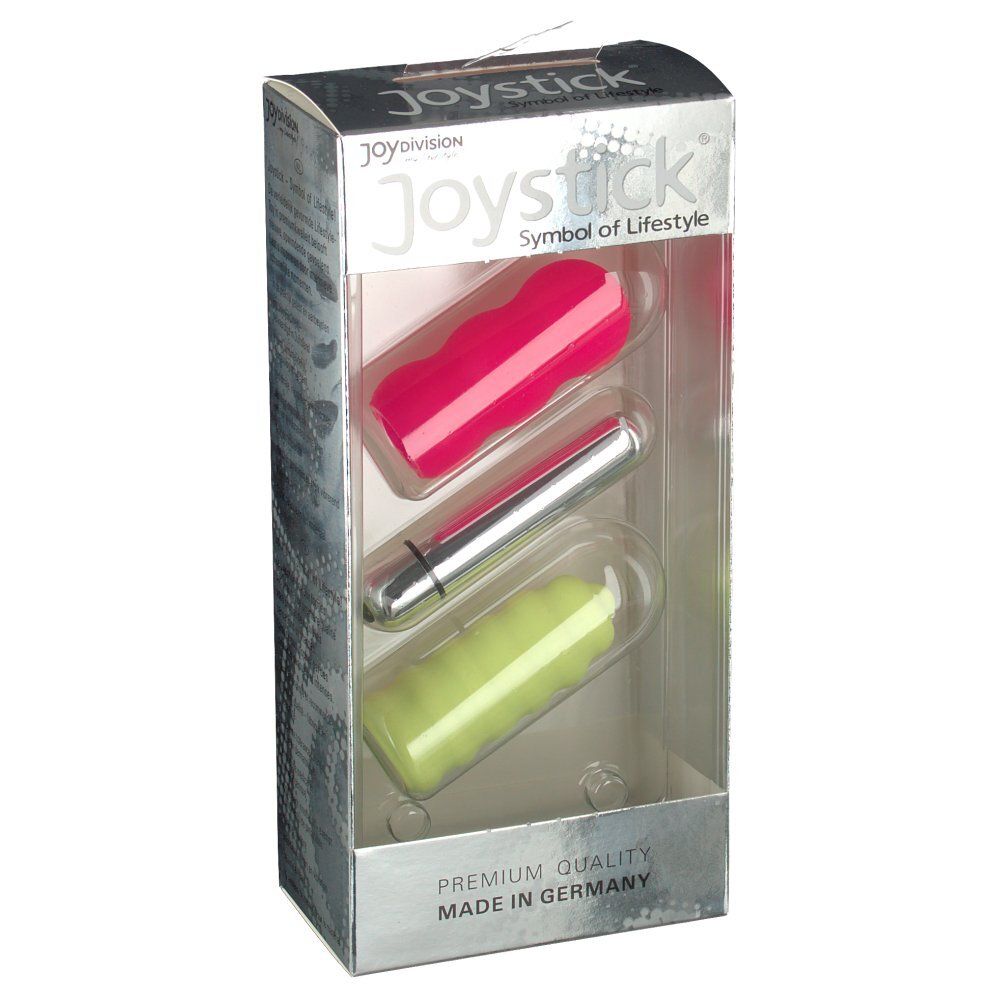 Verpackung mit drei Intimprodukten. Rosa, silberfarben und pistaziengrün. Marke: Joystick. Hergestellt in Deutschland.