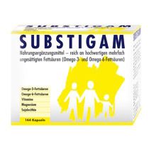 Weißer Karton mit gelbem Logo und Text: SUBSTIGAM. Enthält Nahrungsergänzungsmittel mit Omega-3 und Omega-6 Fettsäuren. 144 Kapseln.