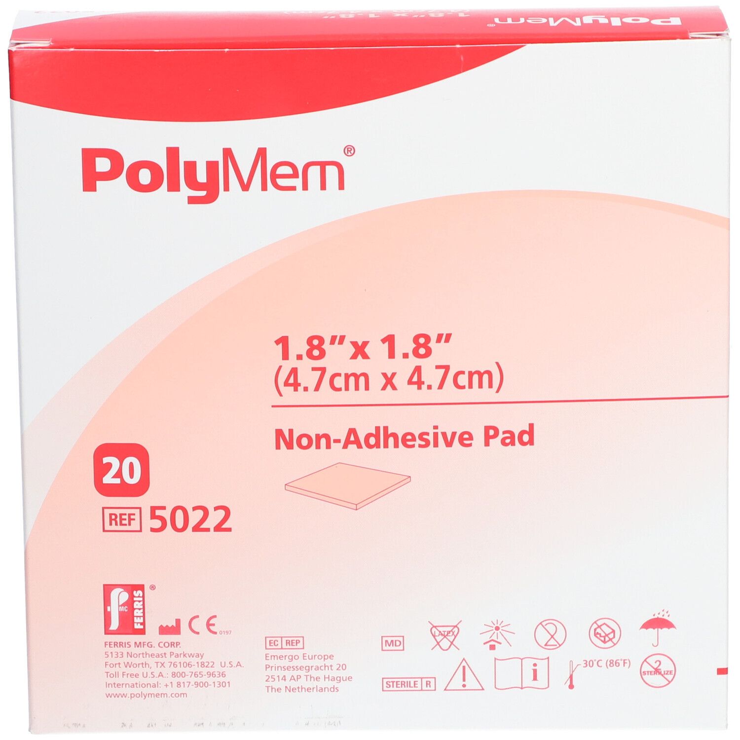 Verpackung mit PolyMem Wundauflagen. Größe: 1,8" x 1,8" (4,7cm x 4,7cm). Enthält 20 Stück. Nicht-haftende Auflage.