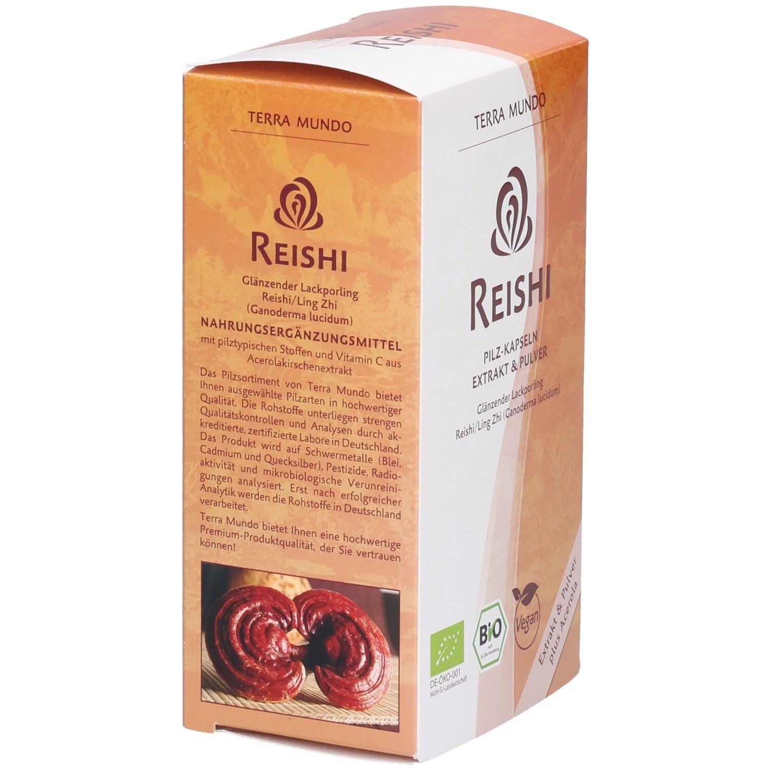 Reishi-Nahrungsergänzungsmittel in einer braunen Schachtel. Text: Reishi, Glänzender Lackporling, Terra Mundo. Bio-Siegel.