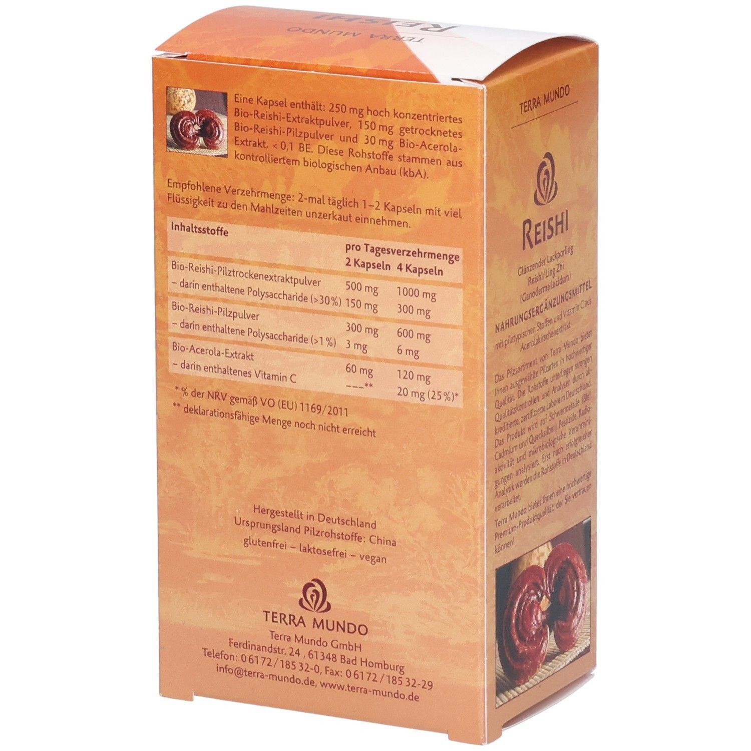 Rückseite einer braunen Reishi-Schachtel. Text: Reishi, Inhaltsstoffe, empfohlene Verzehrmenge. Bio-Siegel.