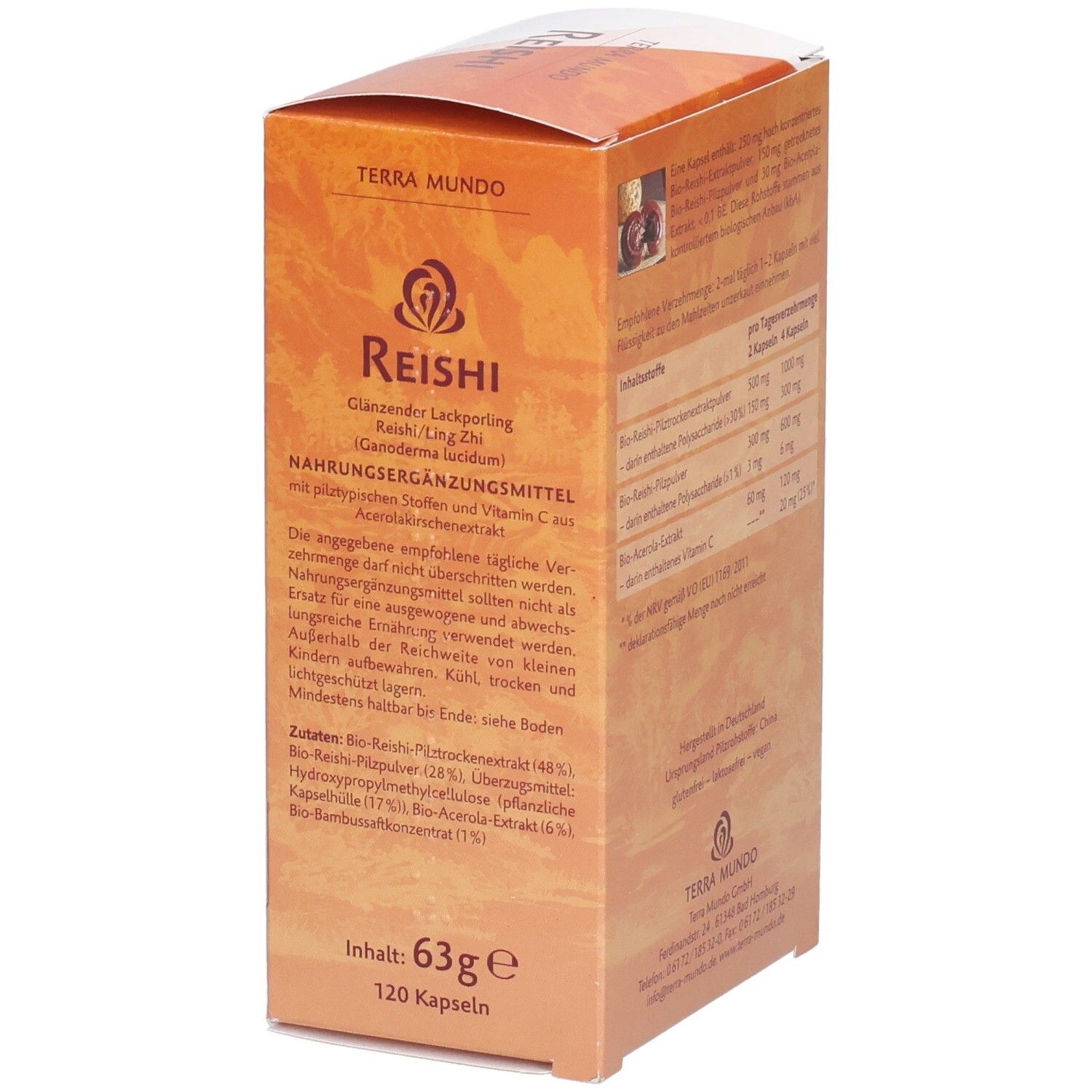 Braune Reishi-Schachtel. Text: Reishi, Glänzender Lackporling, 120 Kapseln, 63g. Bio-Siegel. Zutatenliste.