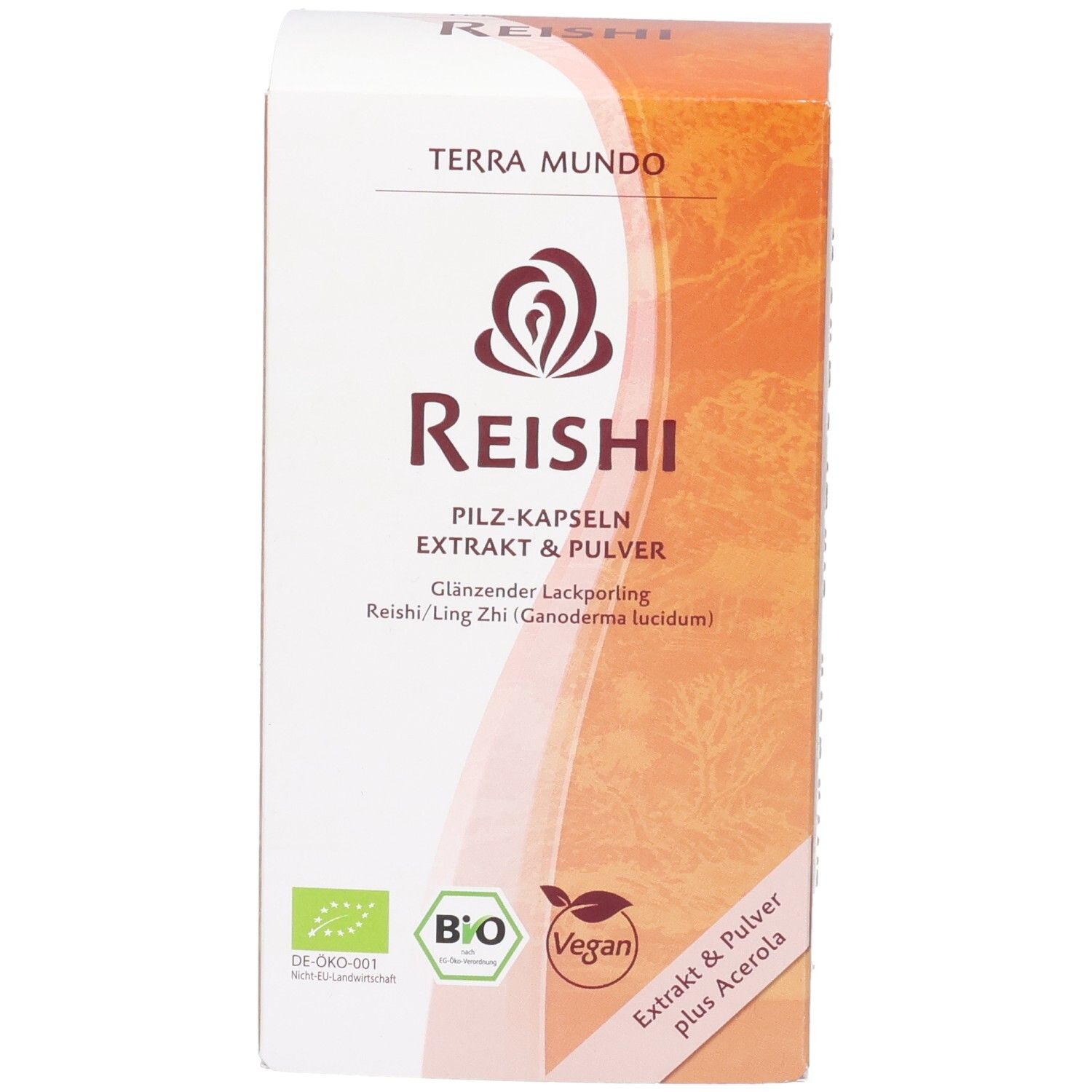 Reishi-Schachtel, weiß und braun. Text: Reishi, Pilz-Kapseln Extrakt & Pulver. Bio-Siegel, Vegan-Siegel.