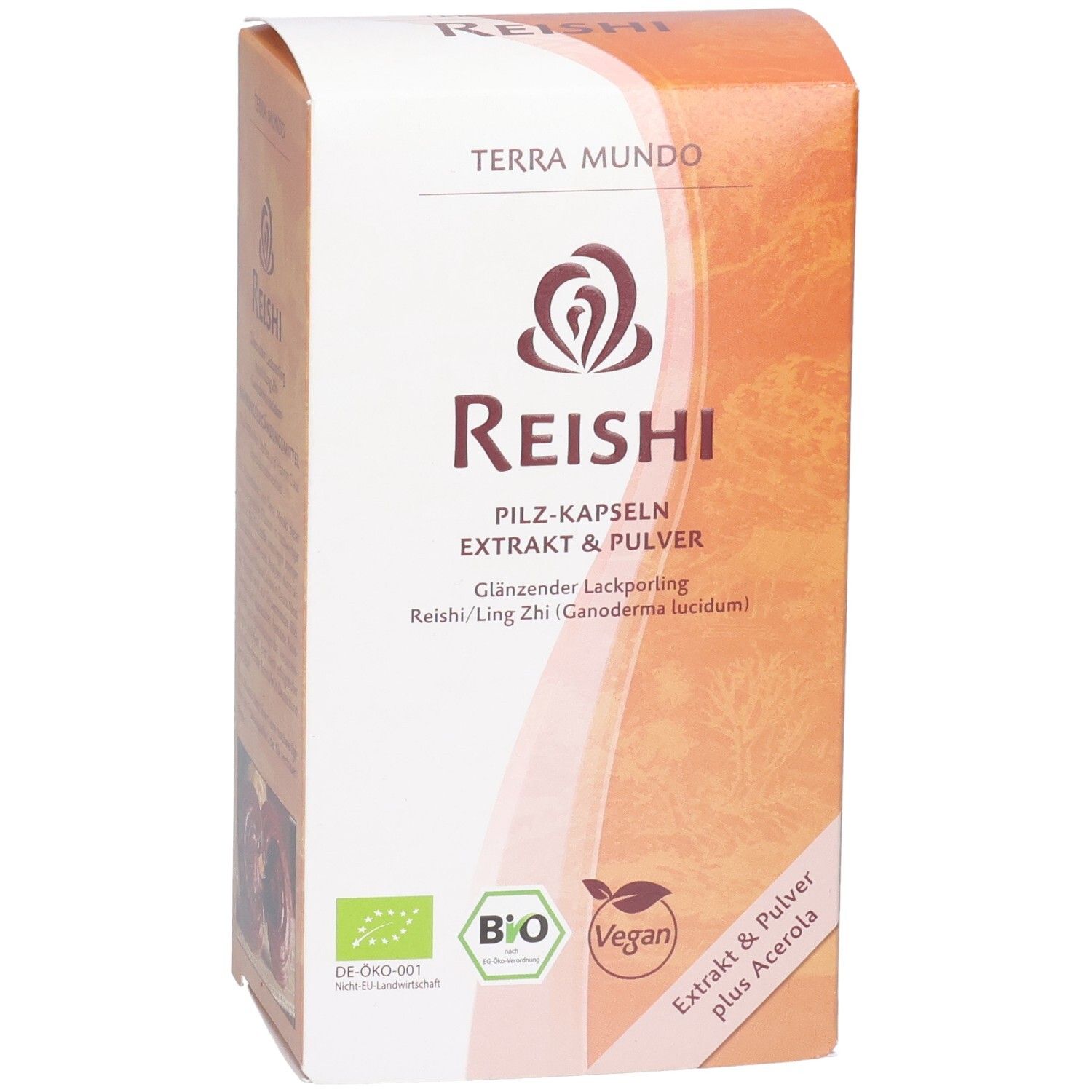 Braune Reishi-Schachtel. Text: Reishi, Pilz-Kapseln Extrakt & Pulver. Bio-Siegel, Vegan-Siegel.