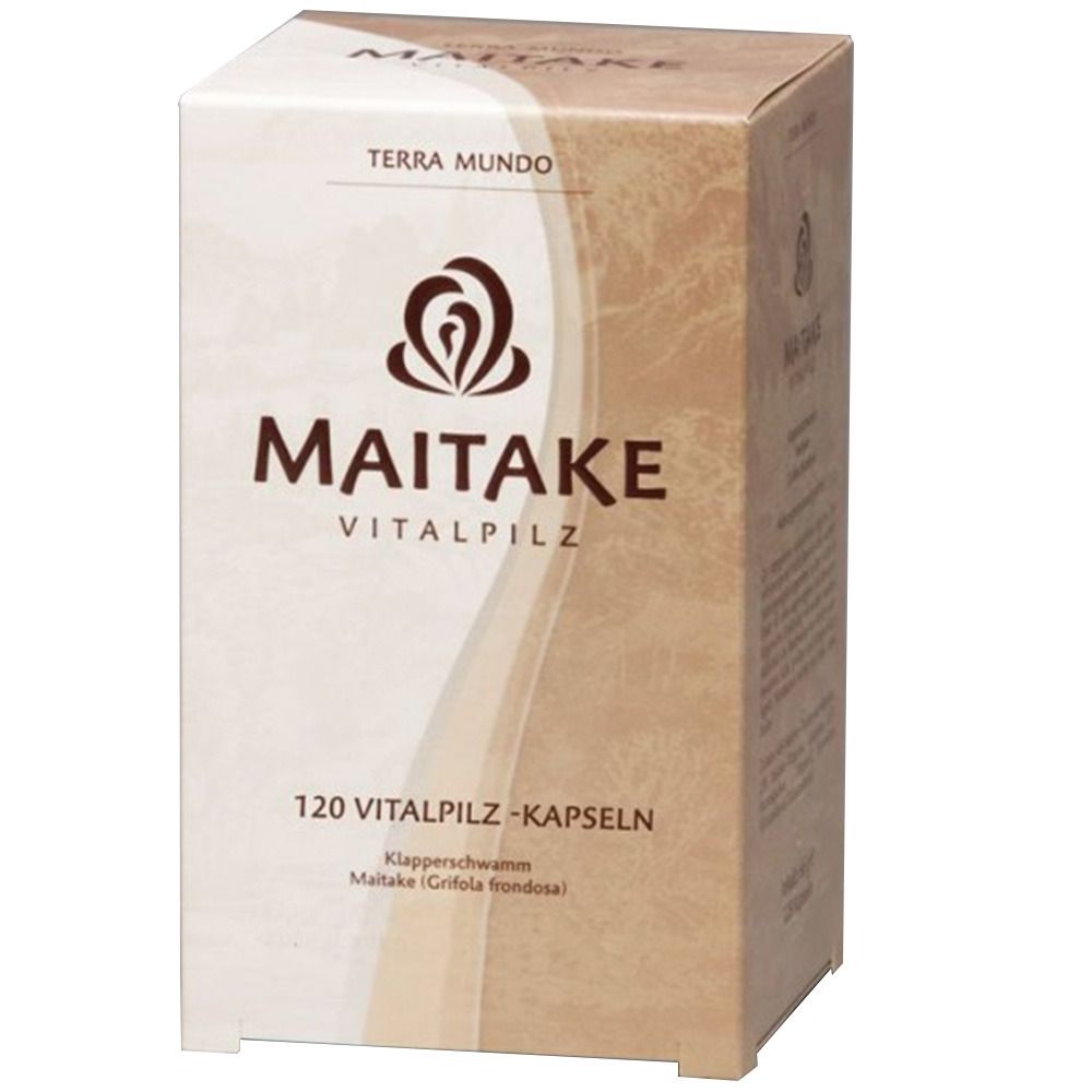 Karton mit Aufschrift Maitake Vitalpilz. Enthält 120 Kapseln. Aufschrift Terra Mundo und Logo.