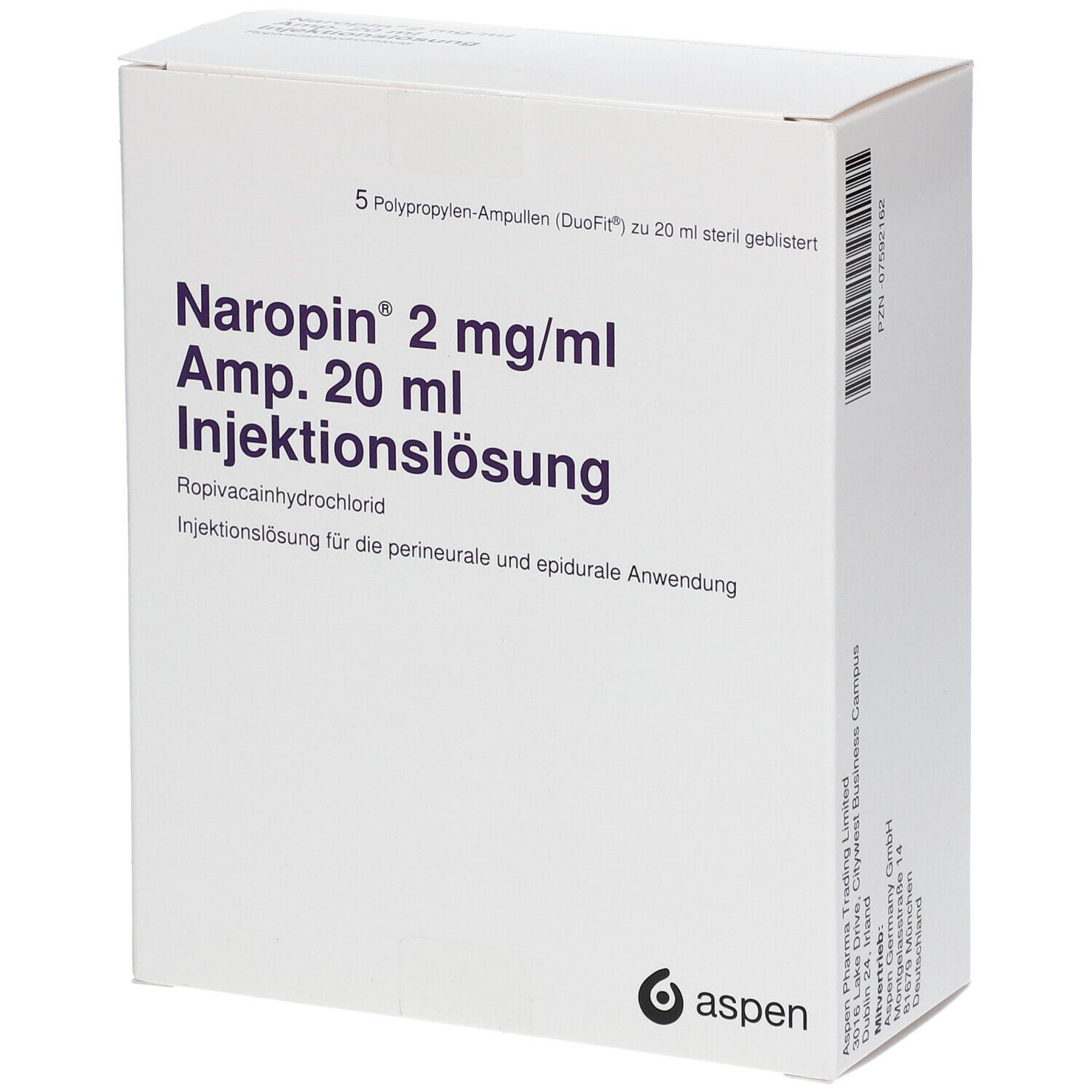 Weiße Faltschachtel mit Aufschrift Naropin 2 mg/ml Amp. 20 ml Injektionslösung. Logo Aspen.