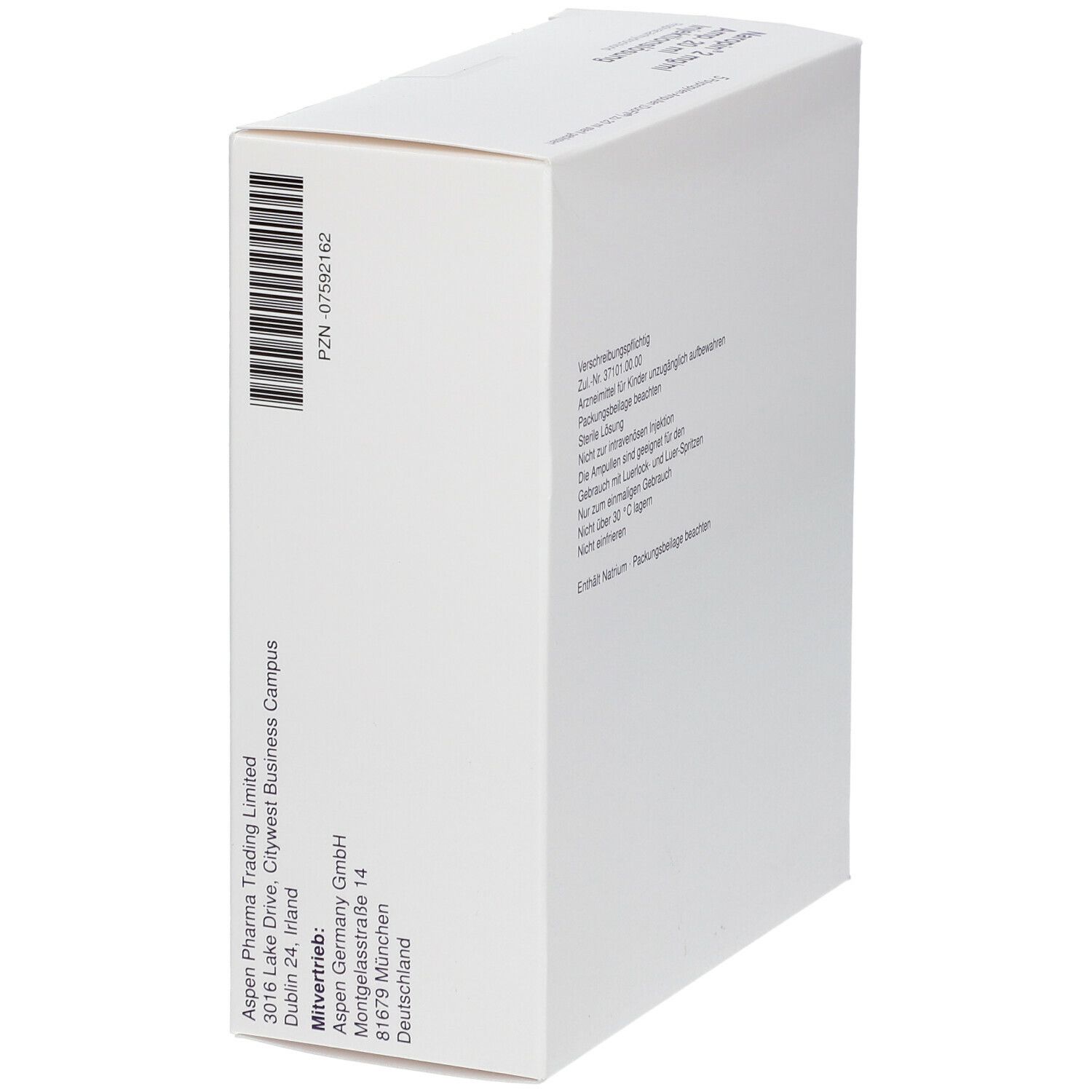 Weiße Faltschachtel, Seitenansicht. Barcode und Adressinformationen von Aspen Pharma Trading Limited.