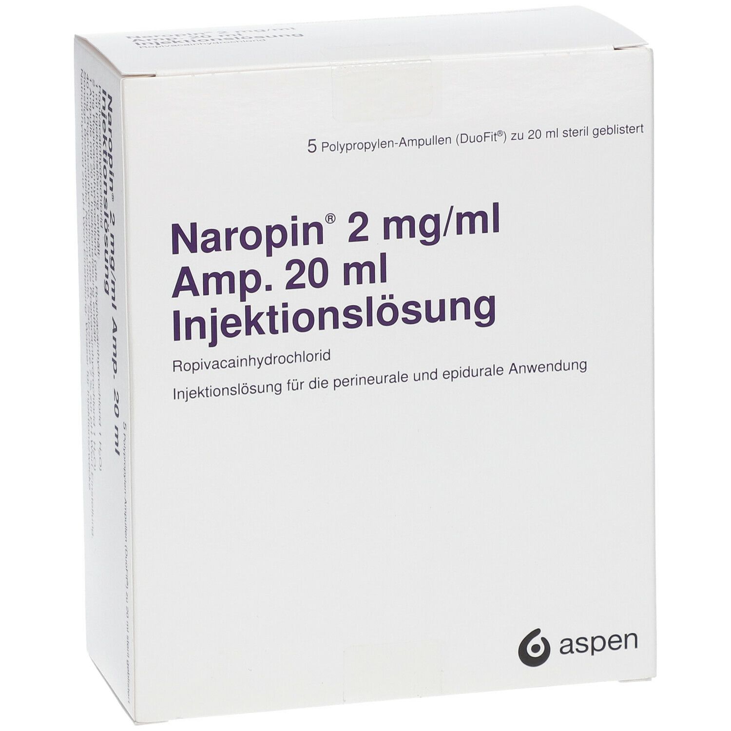 Weiße Faltschachtel mit Aufschrift Naropin 2 mg/ml Amp. 20 ml Injektionslösung. Logo Aspen.