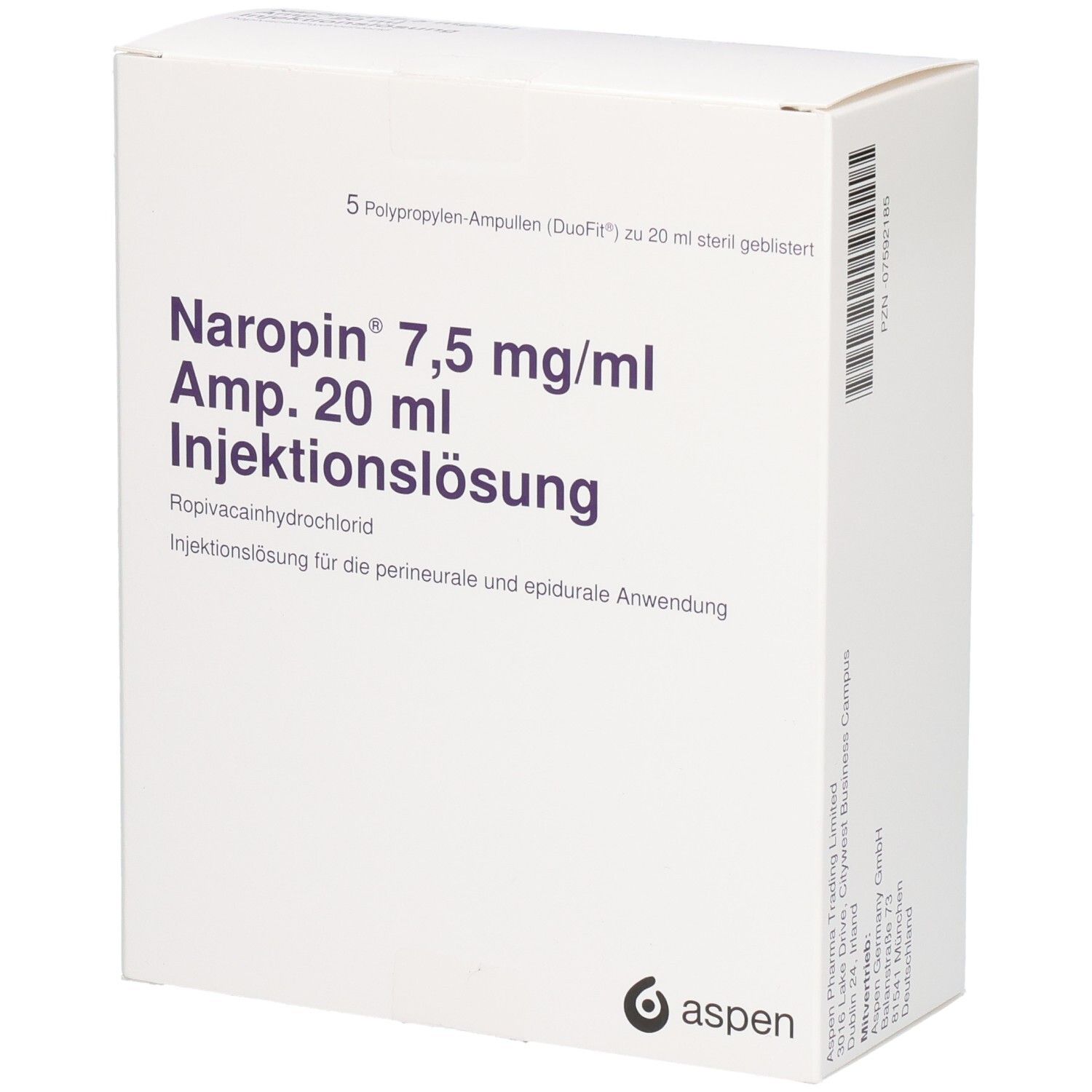 Weißer Karton mit lila Schrift. Enthält Naropin 7,5 mg/ml Amp. 20 ml Injektionslösung. Aspen Logo.