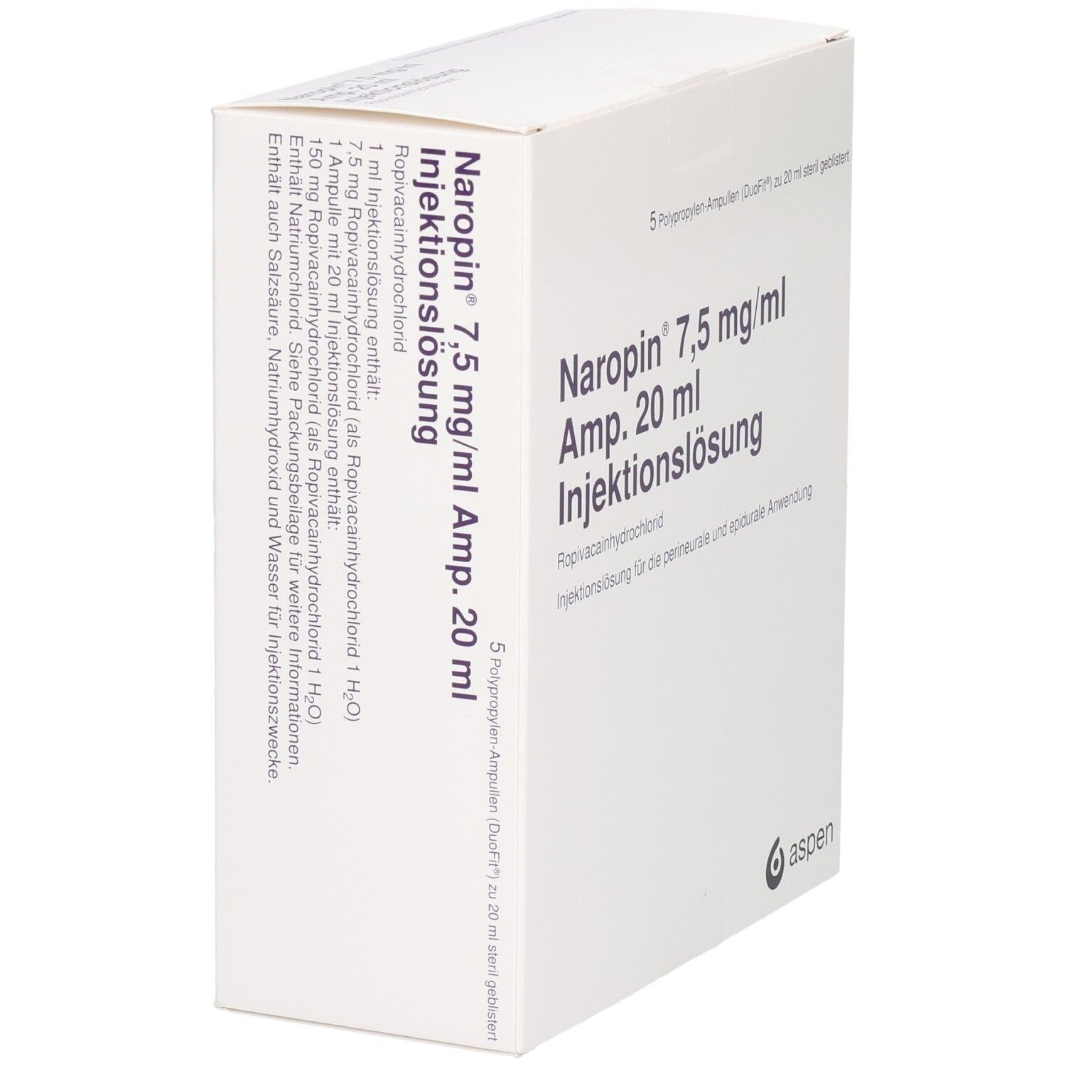 Weißer Karton mit lila Schrift. Enthält Naropin 7,5 mg/ml Amp. 20 ml Injektionslösung. Text und Aspen Logo.