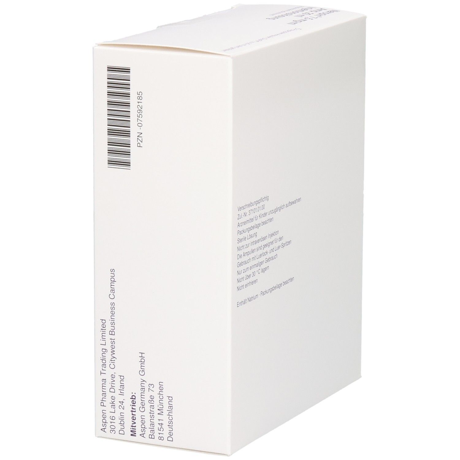 Weißer Karton, Seitenansicht. Mit Text und Barcode. Enthält Naropin 7,5 mg/ml Amp. 20 ml Injektionslösung.