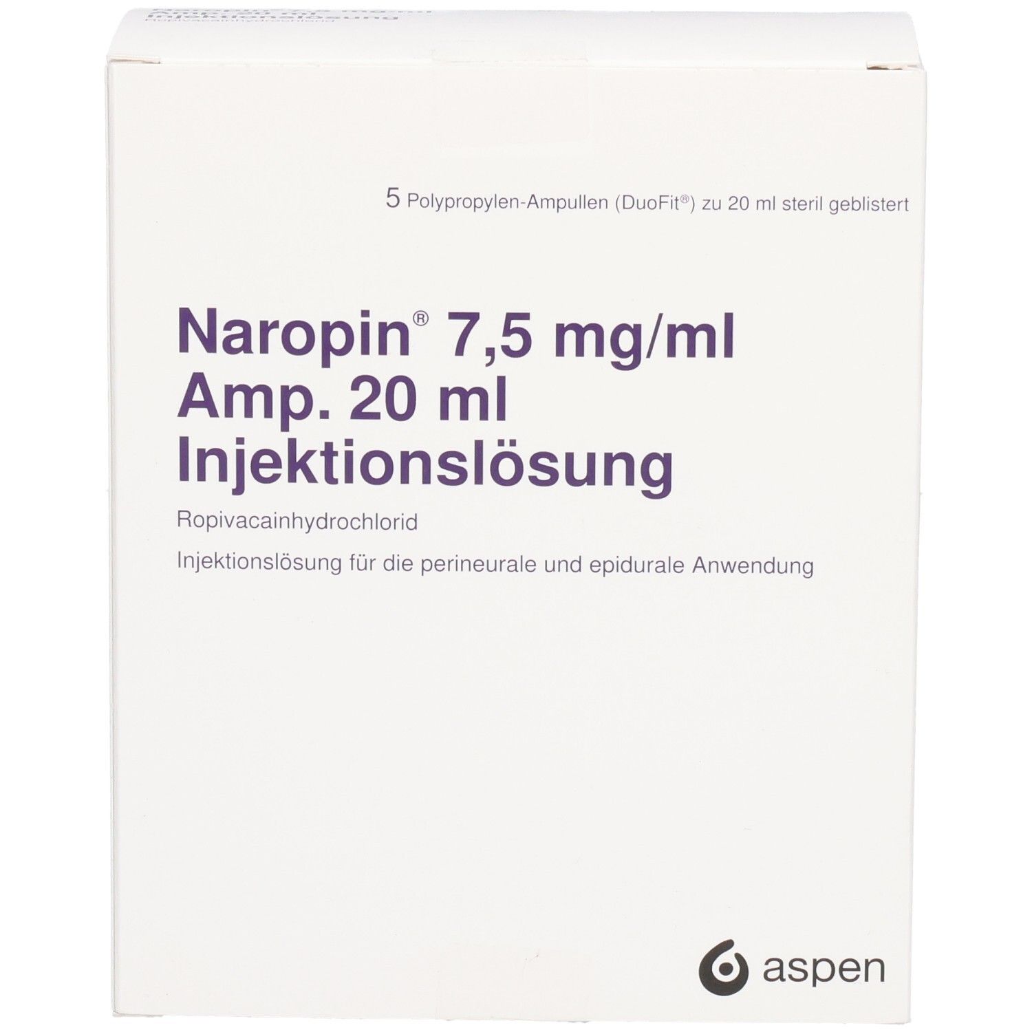 Weißer Karton mit lila Schrift. Enthält Naropin 7,5 mg/ml Amp. 20 ml Injektionslösung. Aspen Logo.