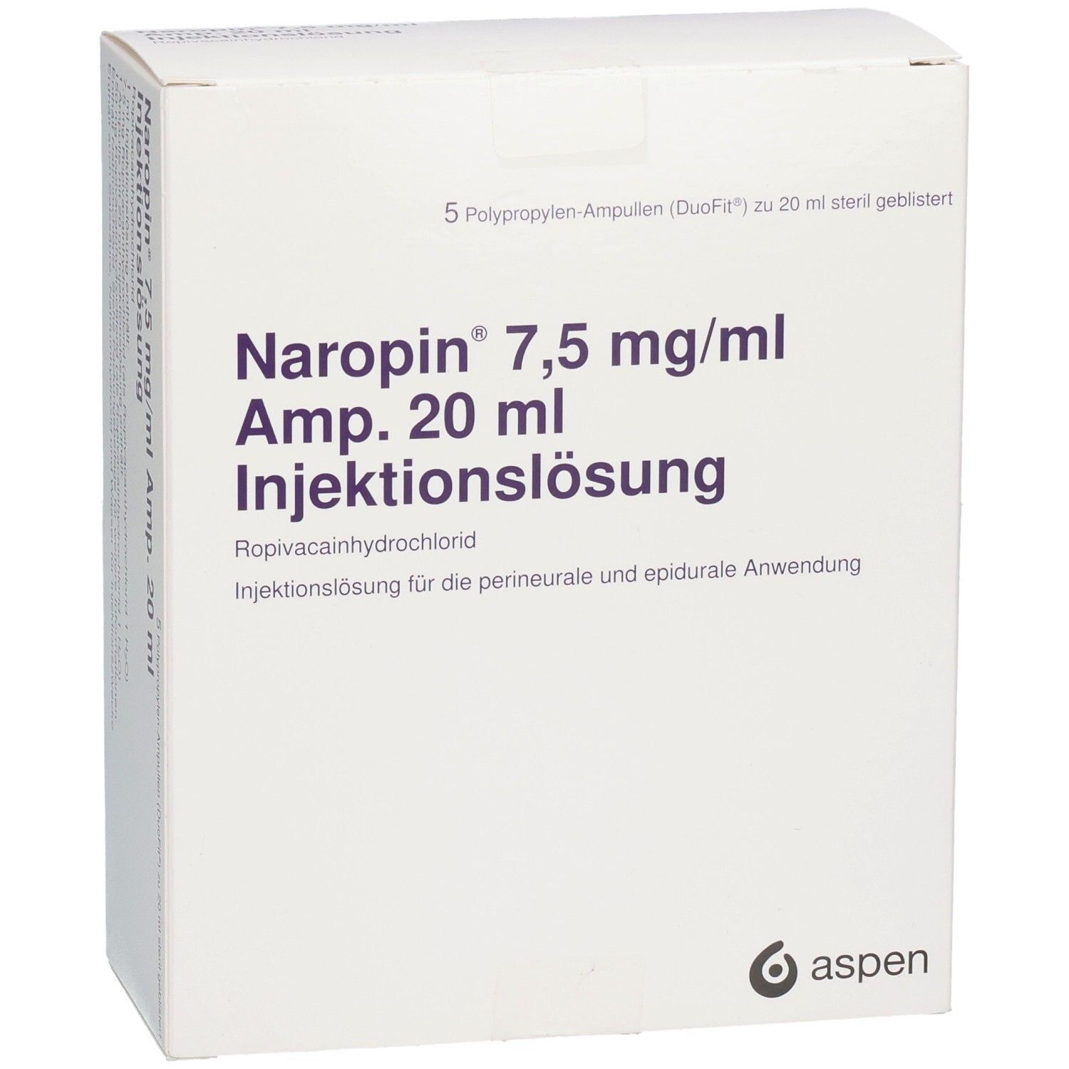 Weißer Karton mit lila Schrift. Enthält Naropin 7,5 mg/ml Amp. 20 ml Injektionslösung. Aspen Logo.