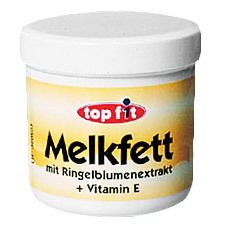Weißer Tiegel mit gelbem Etikett. Darauf steht "top fit Melkfett mit Ringelblumenextrakt + Vitamin E".