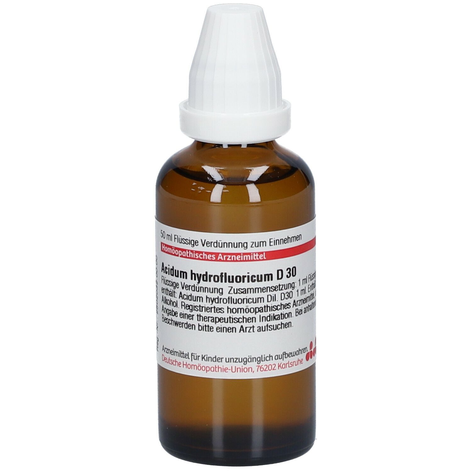 Braune Glasflasche mit weißem Verschluss. Etikett mit Produktinformationen. DHU Acidum hydrofluoricum D30.