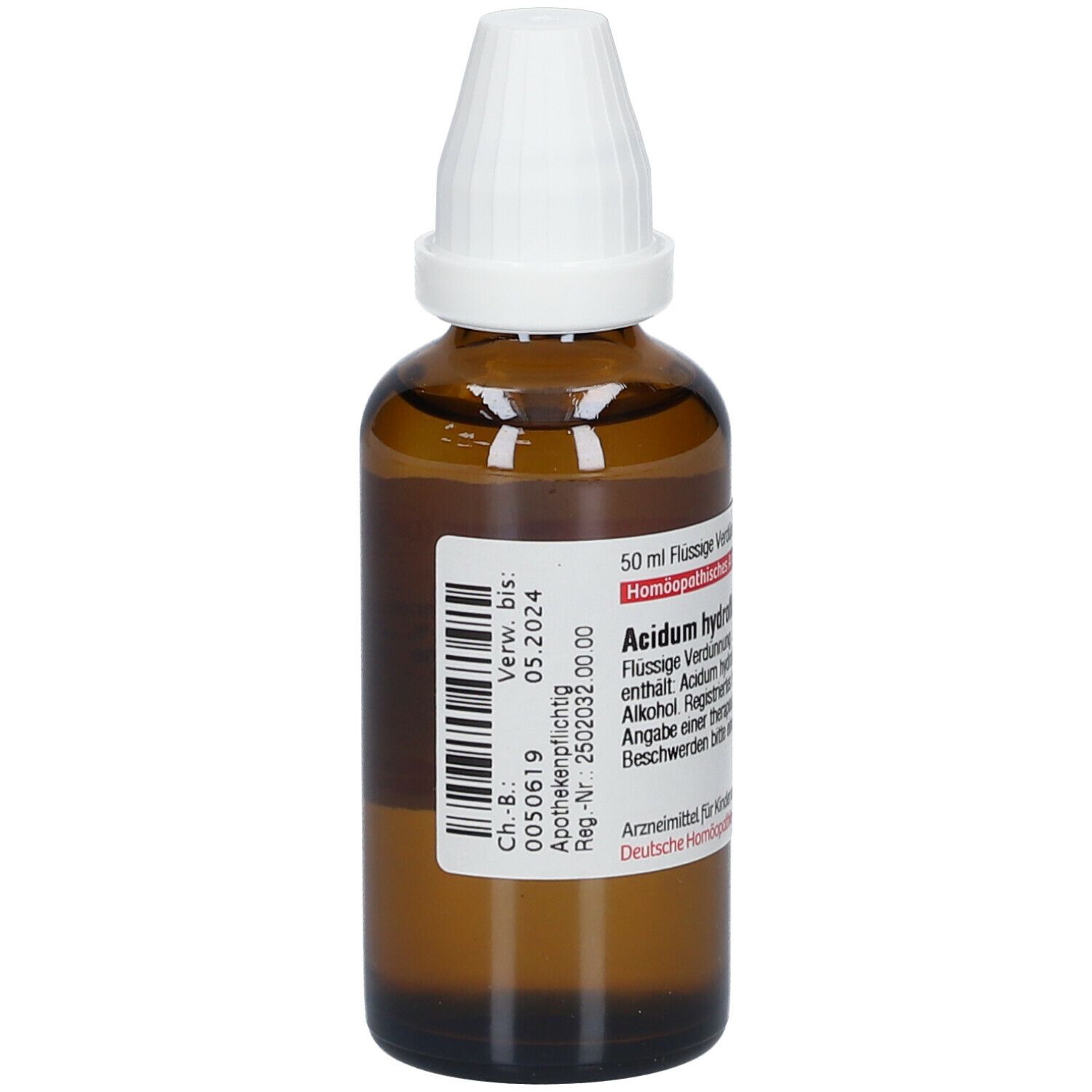 Braune Glasflasche mit weißem Verschluss. Etikett mit Produktinformationen und Verfallsdatum. DHU Acidum hydrofluoricum D30.