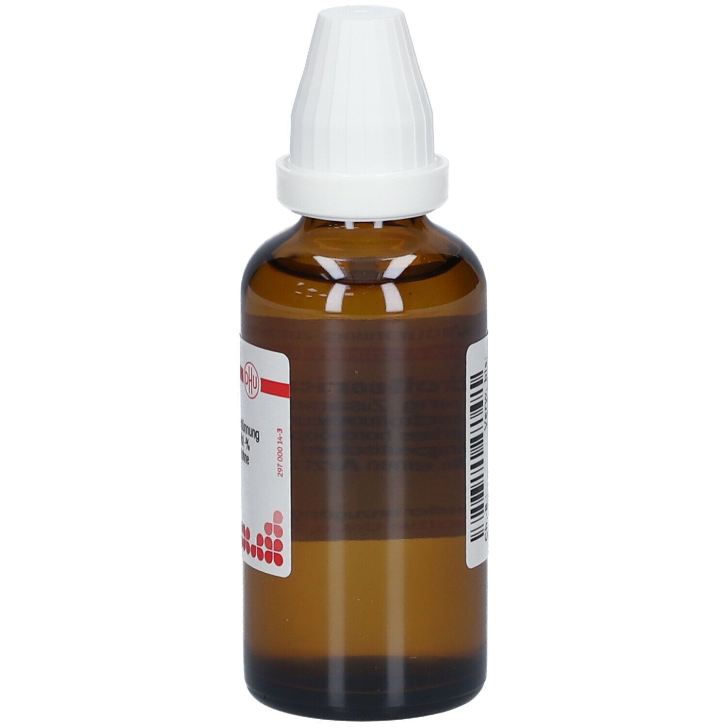 Braune Glasflasche mit weißem Verschluss. Etikett mit Produktinformationen. DHU Acidum hydrofluoricum D30.