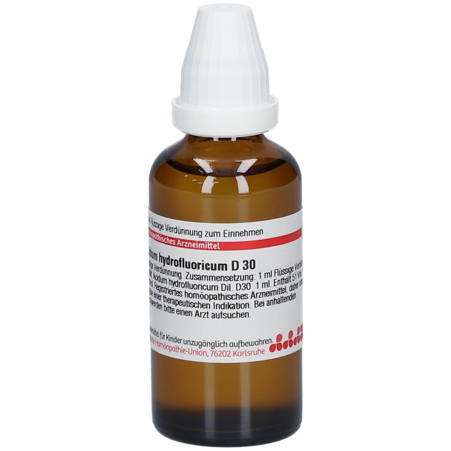 Braune Glasflasche mit weißem Verschluss. Etikett mit Produktinformationen. DHU Acidum hydrofluoricum D30.