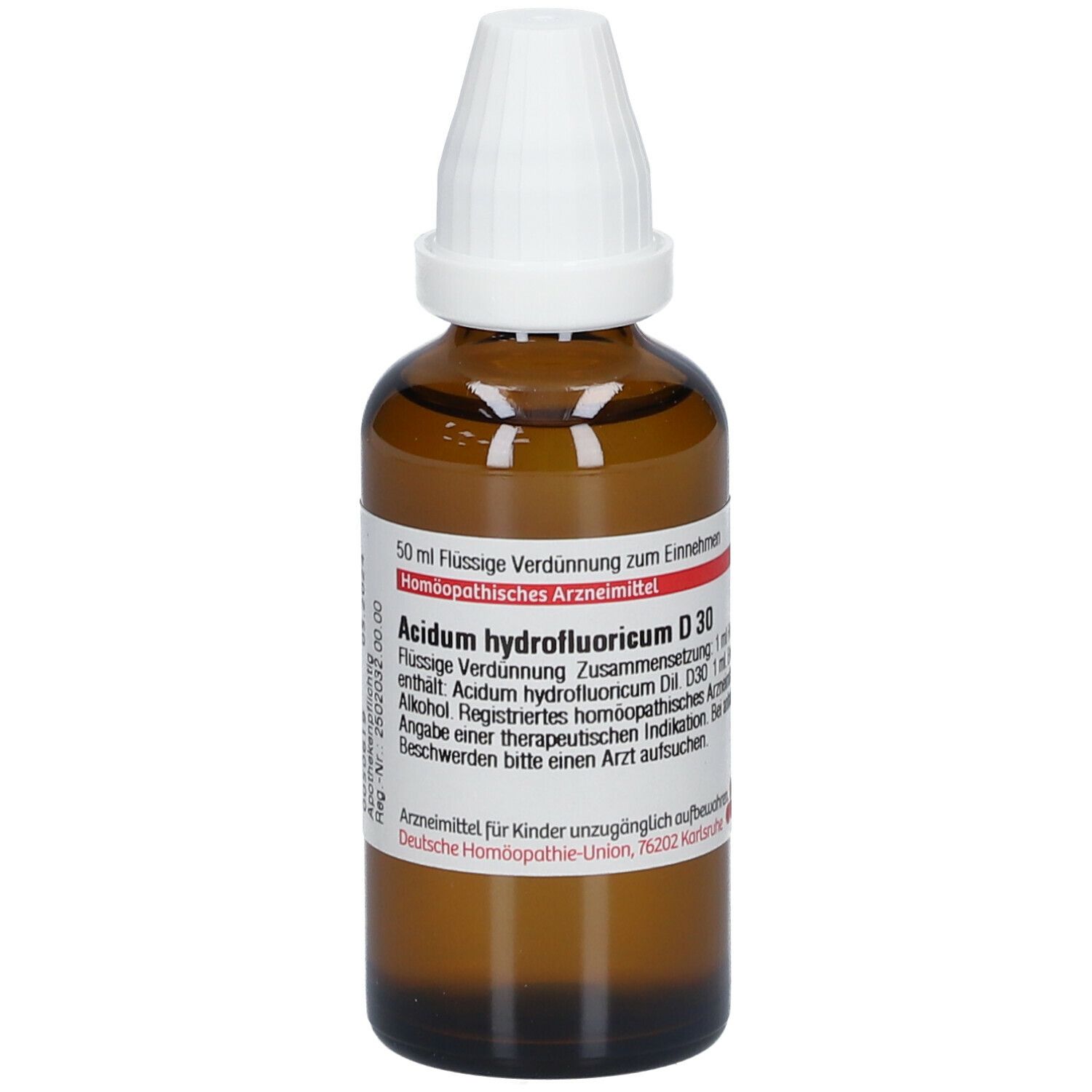 Braune Glasflasche mit weißem Verschluss. Etikett mit Produktinformationen. DHU Acidum hydrofluoricum D30.